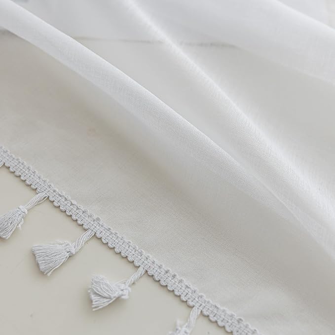 White Sheer Curtains 72 inch Long, Fringed Edges and Textured Semi Sheer Curtains Large Window Treatments for Living Room/Bedroom, 3 Panels