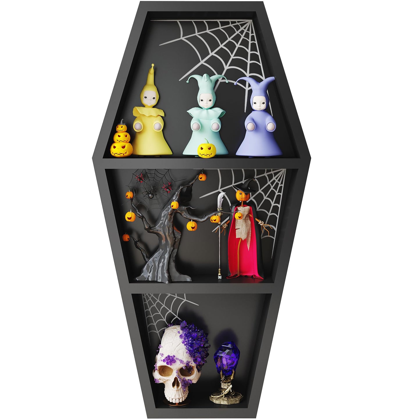 LUPWNEKA 24 in Halloween Goth Coffin Bookshelf with Spider Web, Wooden Gothic Coffin Bookshelf for Home, Black Spooky Curio Shelf for Home Decor, Witchy Room Decor for Oddities
