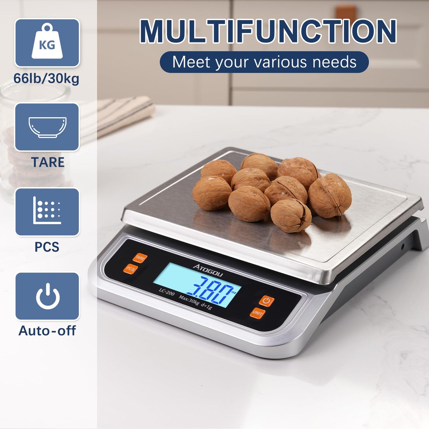 Atogou 88lb Food Scale, Commercial Kitchen Scale Plug-in Usable with Full View LCD Display, Stainless Steel, for Baking, Bread, Cooking, Meat, Vegetables, Farm, Industry LC200 Silver