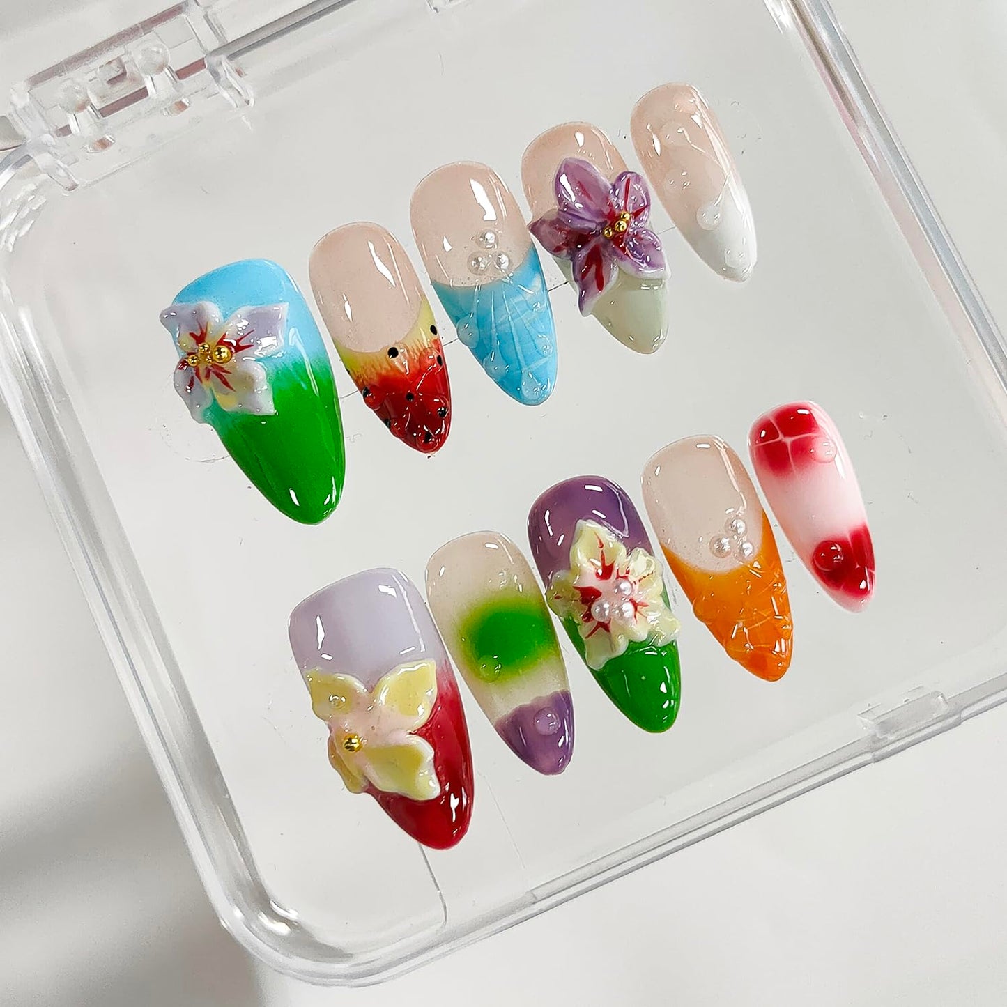 Handmade Press on Nails Almond Medium 3D Floral French Tip Thick Acrylic Fake Nails False Nails with Flower Polka Dots Pearls Designs Colorful Sturdy Nail Art Press on Nails 10Pcs(M)