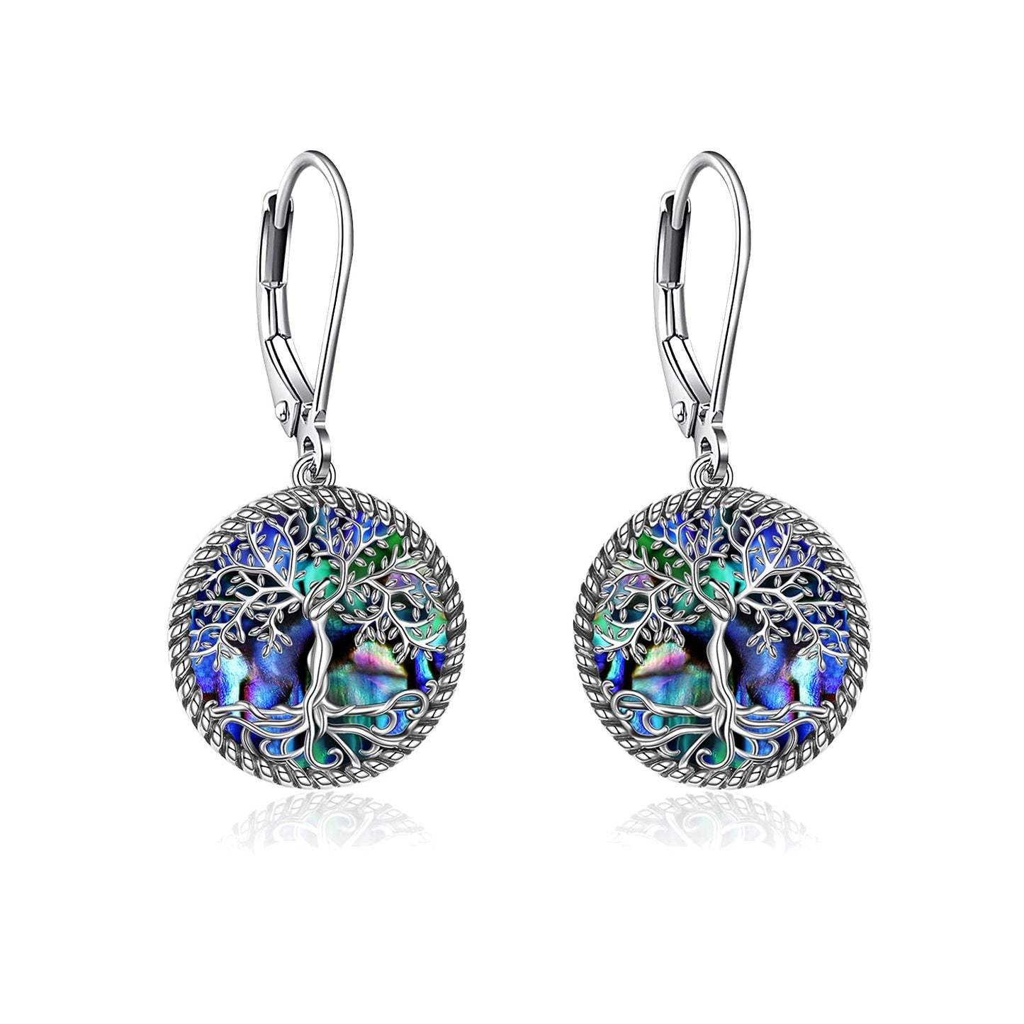 ONEFINITY Tree of Life Earrings Sterling Silver Leverback Tree of Life Abalone Shell Dangle Drop Earrings for Women Jewelry Gifts