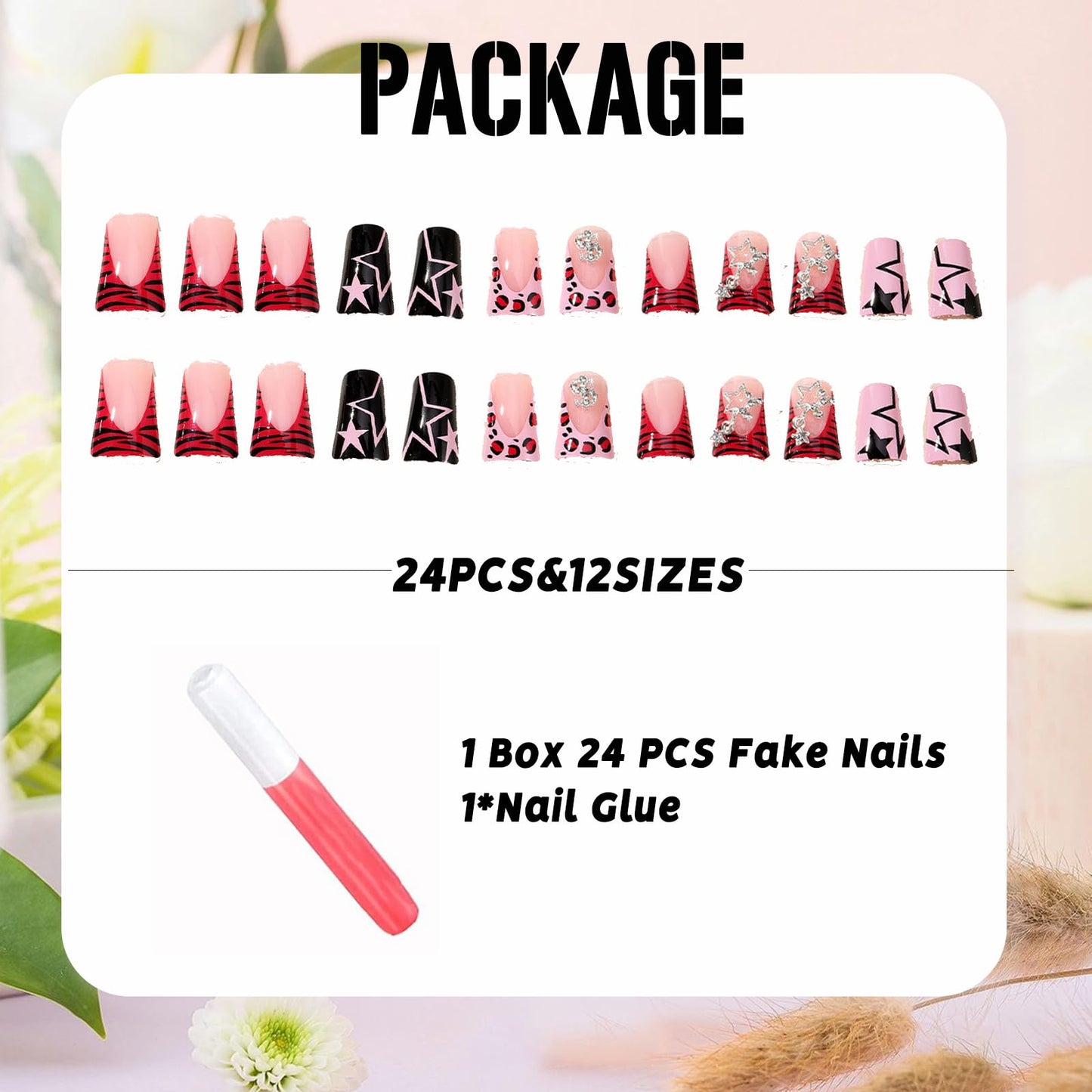 IMSOHOT Y2K Duck Press on Nails Pink Black French Tips Fake Nails Full Cover Star Print Artificial False Nails Cute Duck Feet Medium False Nails for Women 24PCS