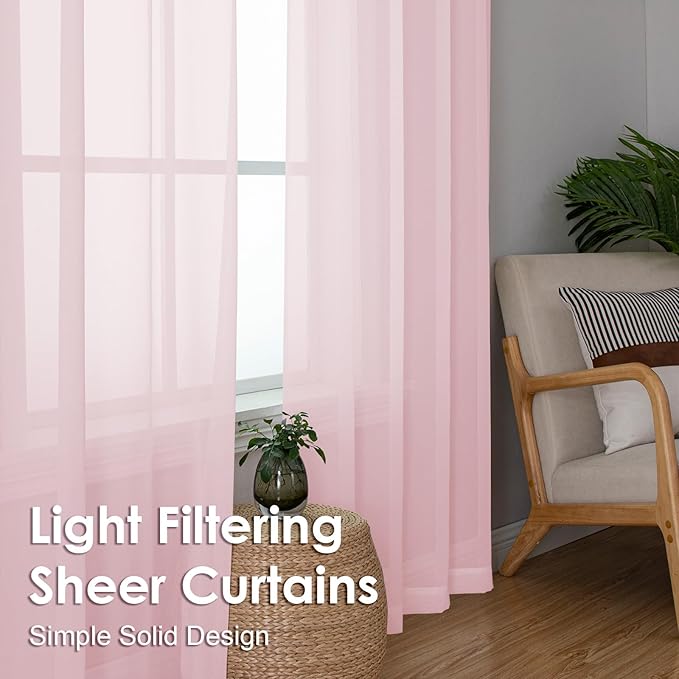 OVZME Blush Pink Sheer Curtains 90 Inches Long 2 Panels - Soft Light Filtering Window Sheer Panels for Living Room/Bedroom, Top Dual Rod Pocket, 1 Pair, Each 42Wx90L Inches