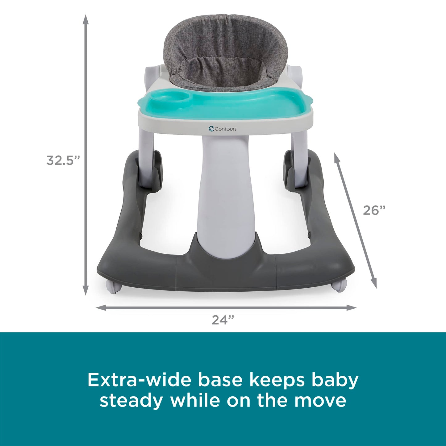 Contours Graze 2-in-1 Foldable Infant and Baby Push Walker, Seated or Walk-Behind Design, Removable and Washable Seat Pad and Snack Tray, Height Adjustable Seat Pad, Wide and Sturdy Frame - Gray/Teal