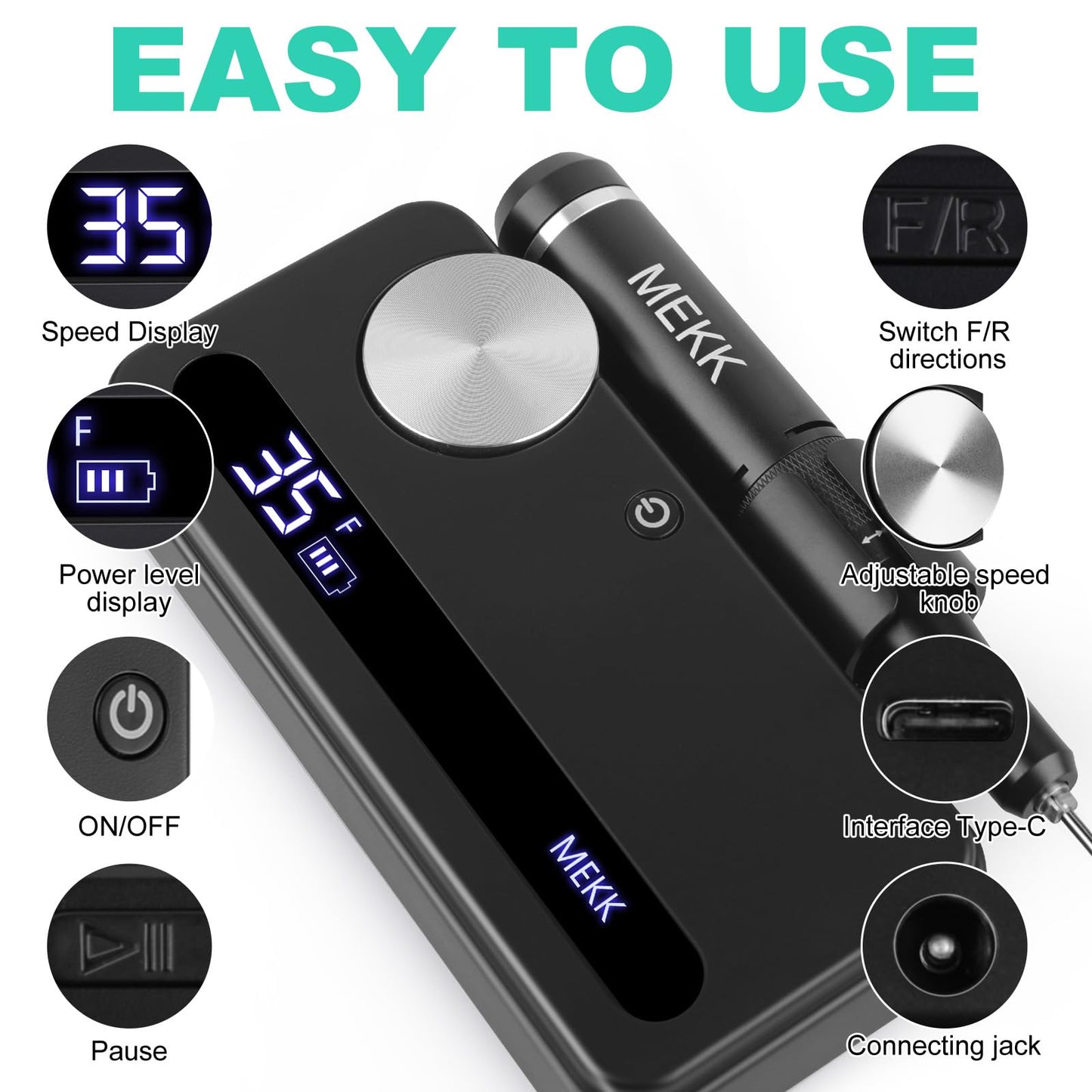 MEKK Nail Drill Kit,35000RPM Electric Nail Drill Professional Electric Nail File with 12PCS Bits,Anti-Shaking Cordless E Filer for Nails with LCD Display,Home & Salon(Black)