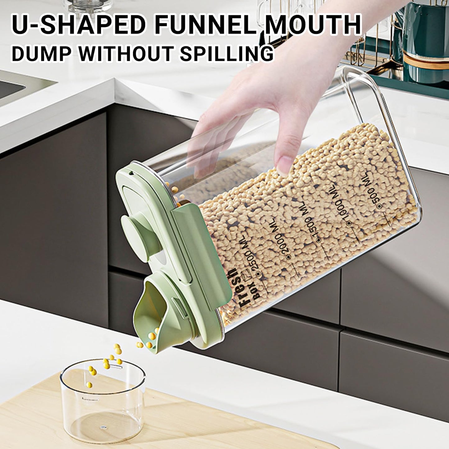 WHuaRunSen Air Tight Cereal Container Organizer-2 Pack 2.8L Food Storage Container with Outlet Measuring Cup Lid, Ideal for Dry Food, Rice, Sugar, Pet Food dispenser - BPA free（Green）