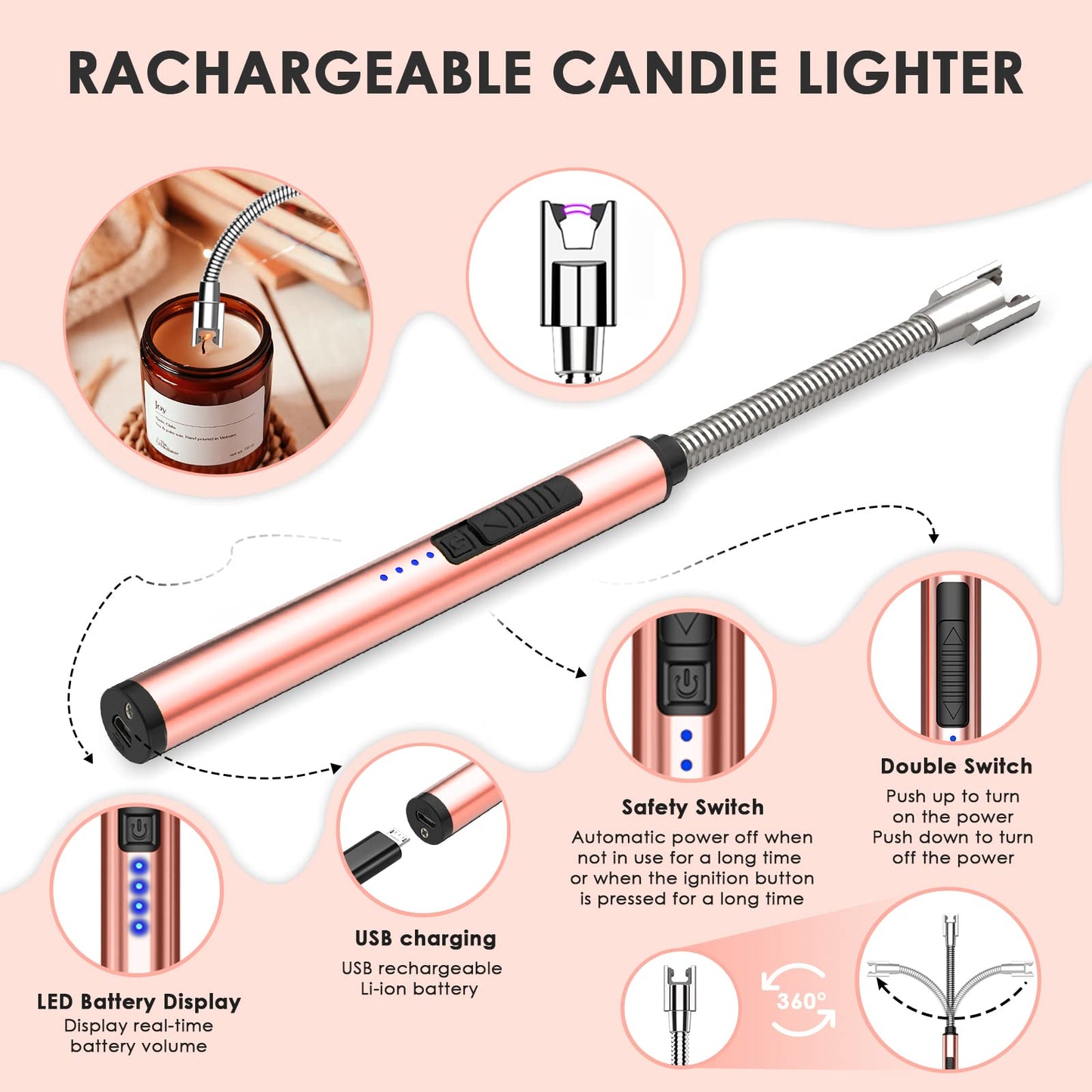 HEYLOURB 5 in 1 Candle Accessory Set,Candle Wick Trimmer Cutter Set,Candle Wick Dipper,Candle Wick Snuffer,Rechargeable Candle Lighter,Tweezers,Stainless Steel Candle Care Kit Gift for Aromatherapy