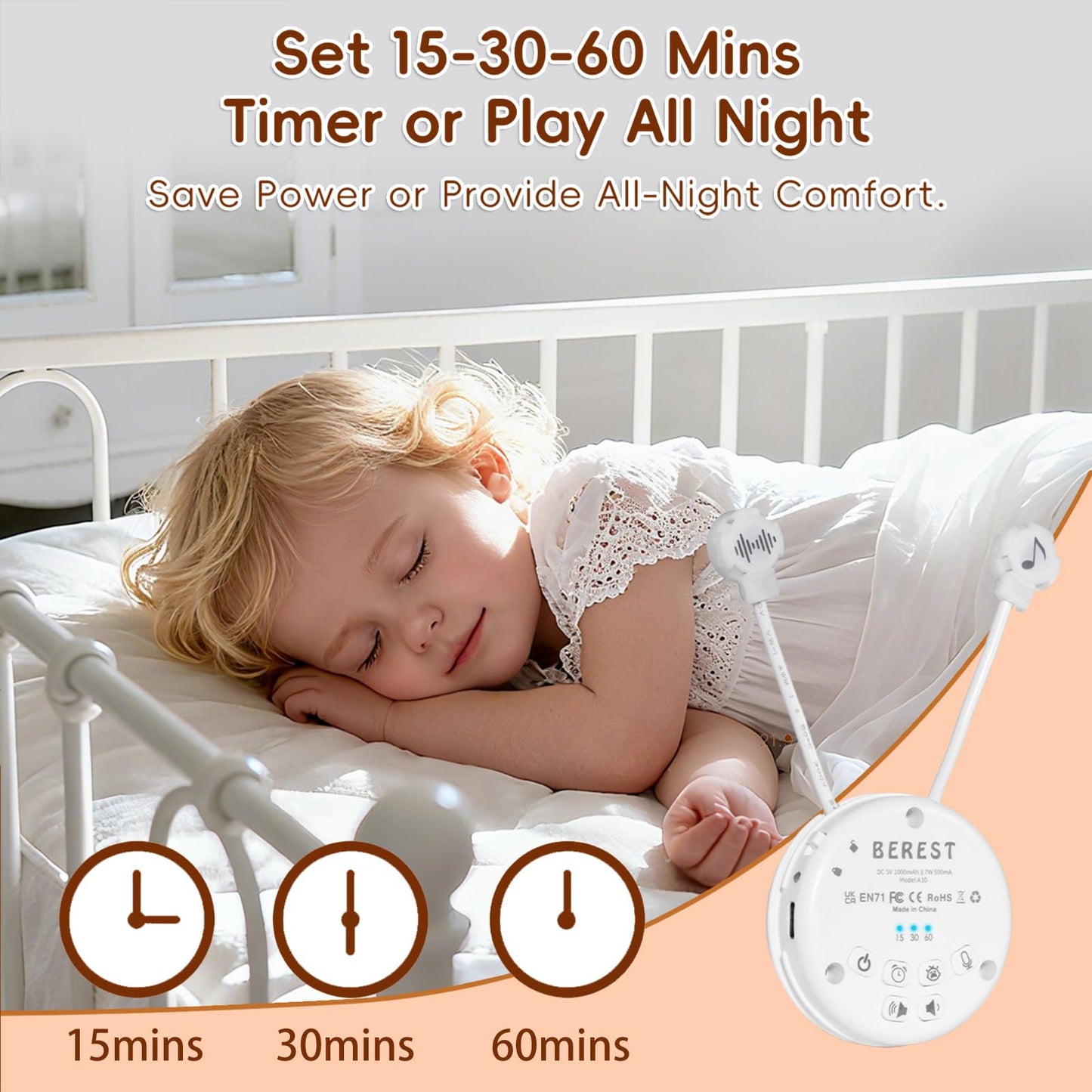 BEREST A10 Baby Lovey Music Box with 10 Soothing White Noise Sounds: Heartbeat, Lullabies, Shushing| Cry Sensor| Timer| Recording| Rechargeable Sleep Soother for Newborns| Plush Toy Insert| Baby Gift