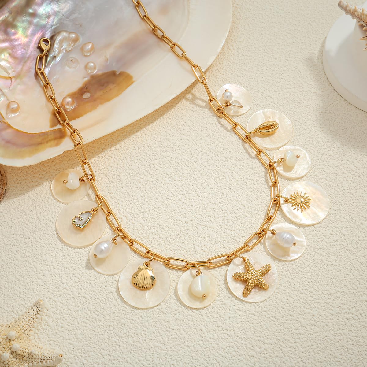 CLASSYZINT Gold Shell Pendant Necklaces Paperclip Beach Charm Necklace Adjustable Trendy Summer Necklace