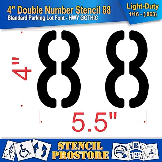 Pavement, Curb, and WheelStop Stencils - 4 inch Double Number Stencil - (88) - 4" x 5.5" x 1/16" (63 mil) - Light-Duty
