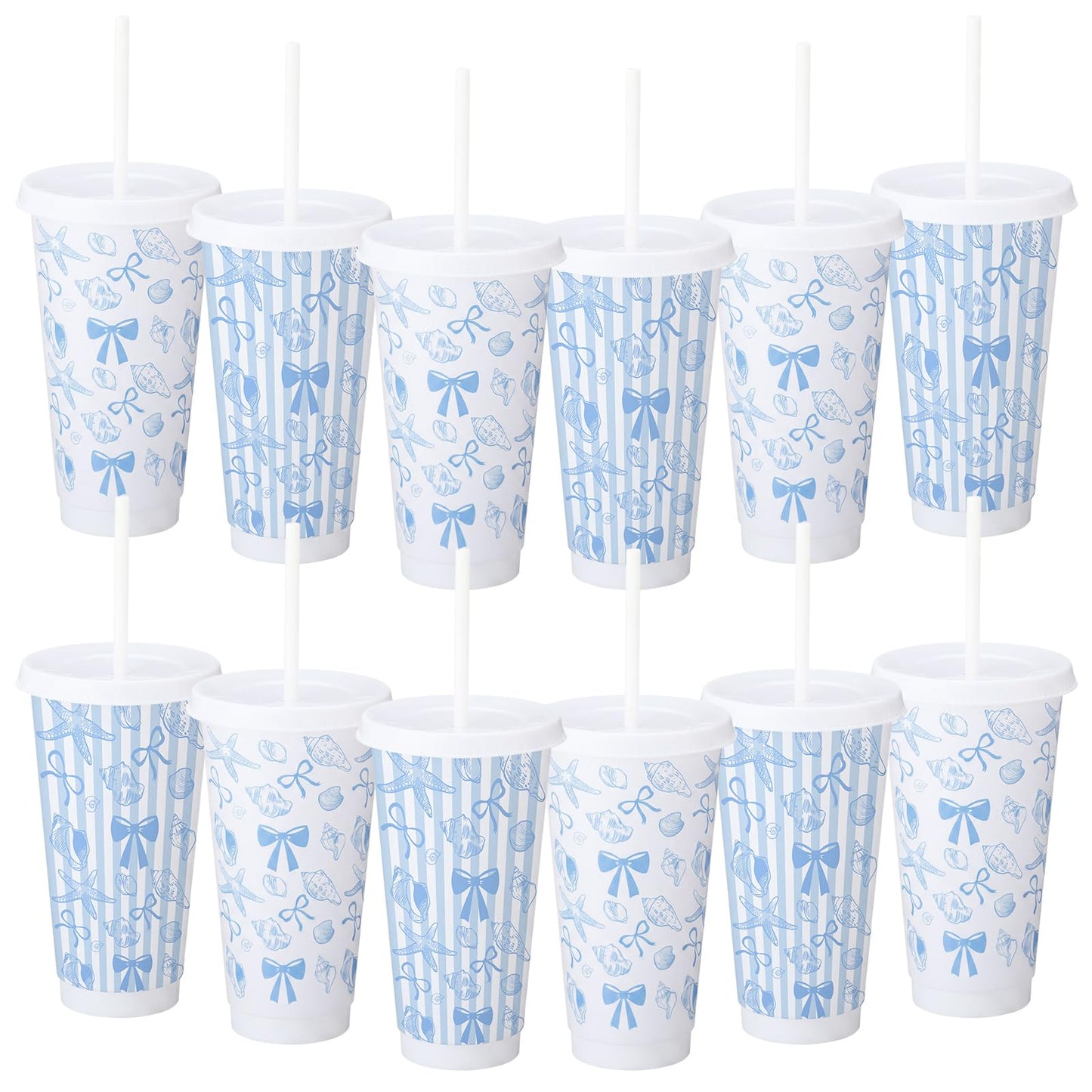 Pickmesh 12 Pcs 24 oz Coastal Blue Bow Plastic Cups with Lids and Straws Bulk Coastal Ocean Party Decoration Supply Blue Shell Reusable Tumbler for Birthday Wedding Baby Shower Party