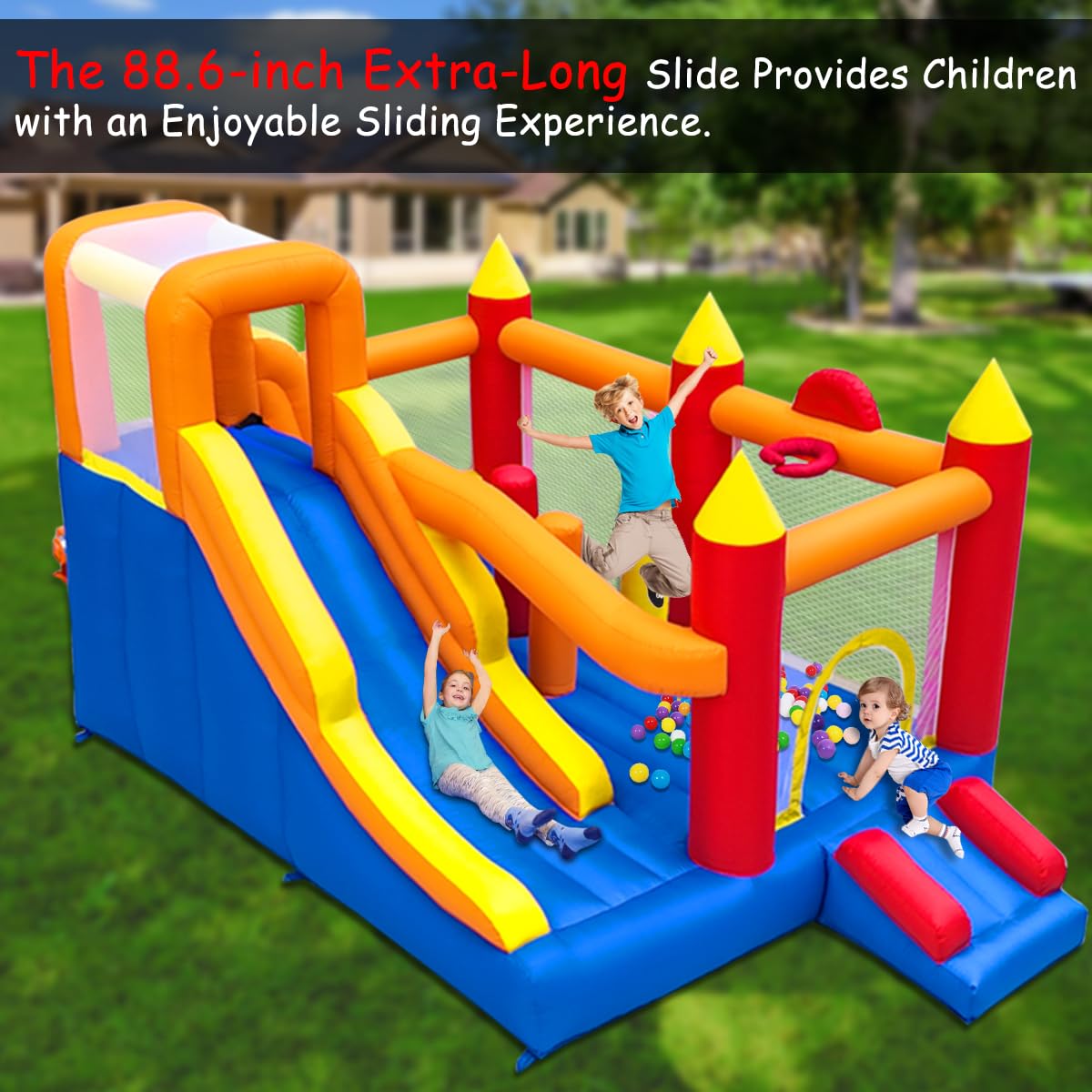 Baralir Inflatable Bounce House with 8.98 * 4.82 Ft Oversized Jump Area, 88'' Extra-Long Slide Kids Bounce House with Climbing Wall, Obstacle Poles & Hoop- Durable & Safe Backyard Fun for Kids