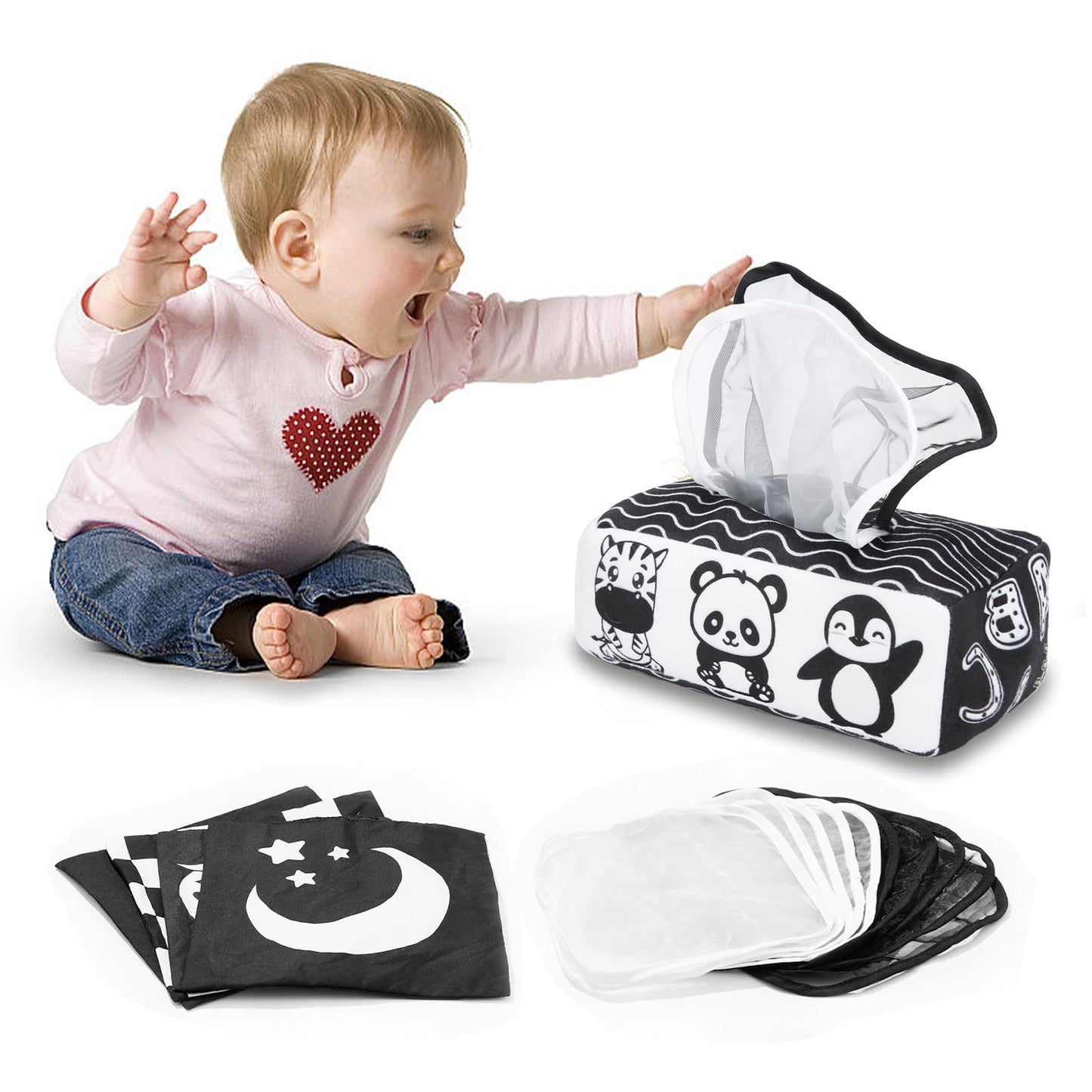 Yeeeasy Baby Tissue Box Toy High Contrast for Newborn Black and White Montessori Toy for Babies 3 Months Sensory Tissue Box