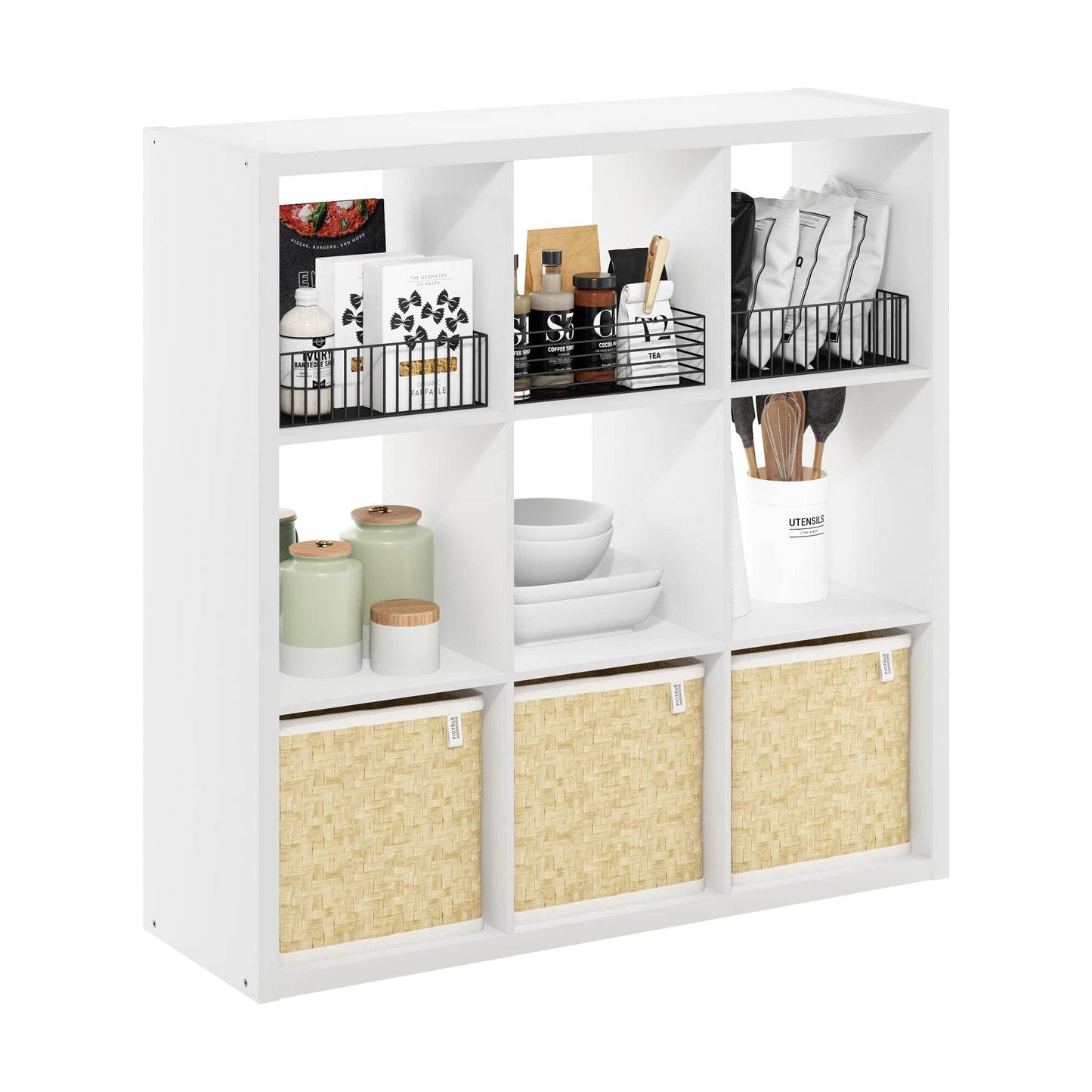 Furinno Cubicle Book Shelf, 9-Cube Bookshelf, Extra Thick Frame Reversible Tall Wide Bookcase with Open Back, 14.6 x 44 x 44, for Living Room, Bedroom, Home Office, Plain White