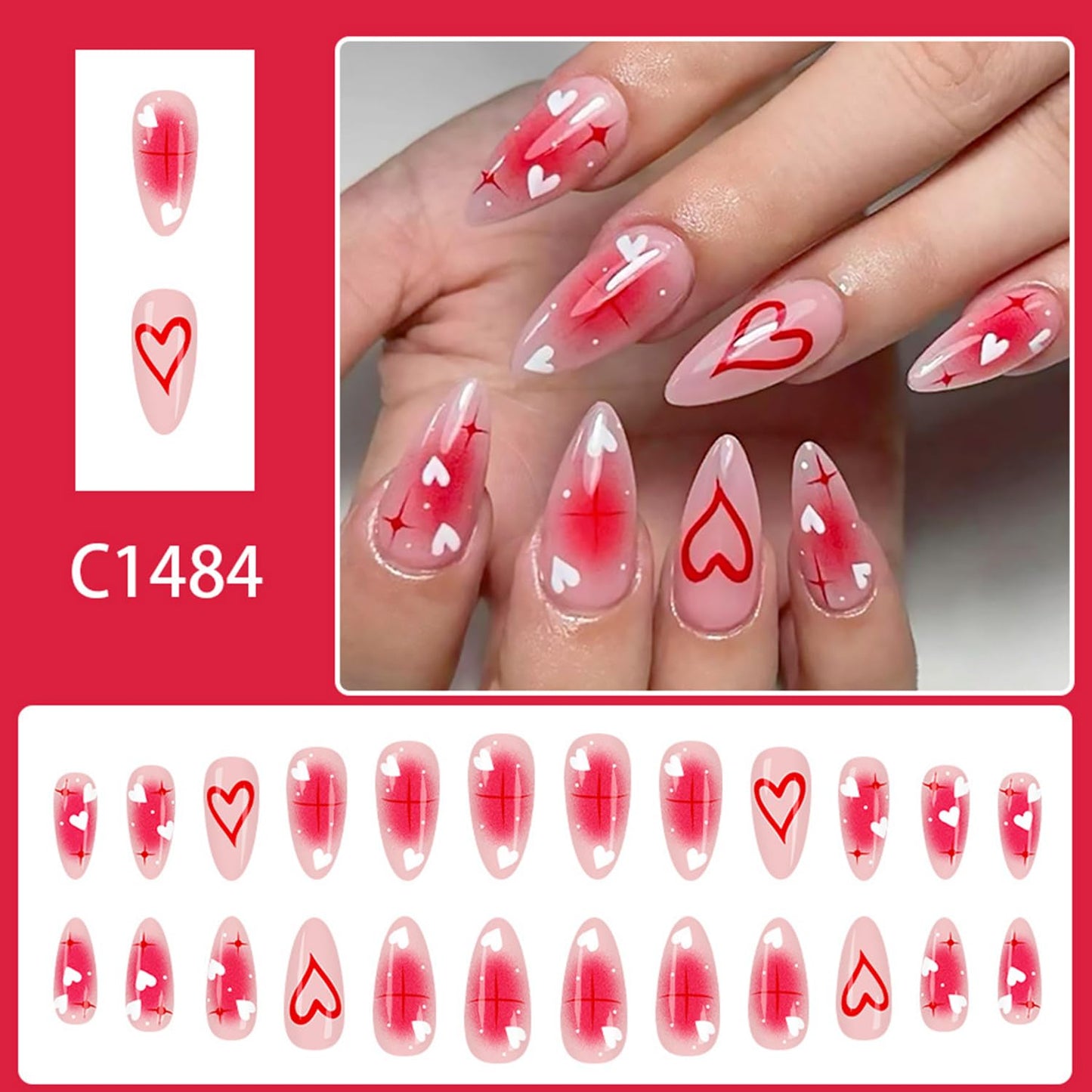 Pink Valentines Press on Nails Medium Almond Translucent Red Love Artificial Acrylic Fake Nails White Love Coffin Nails Full Cover Glossy Heart Glue on Nail Artificial Fingernails for Women Manicure