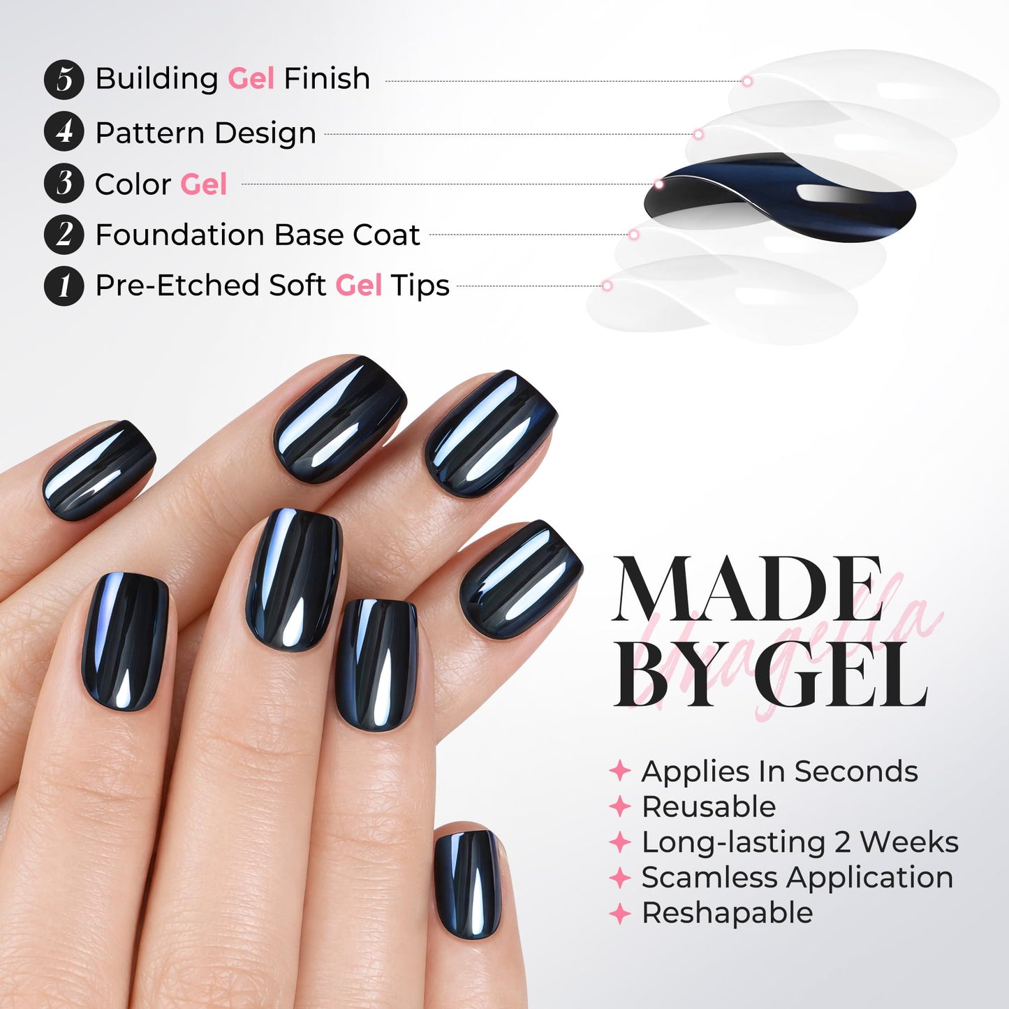 UNA GELLA 32Pcs Soft Gel Press on Nails - 16 Sizes Black Chrome Mirror Short Square Glue on Nails, Reusable Metallic Glossy Black False Nails, Full Cover Acrylic Nail Kit for Women DIY Home Manicure