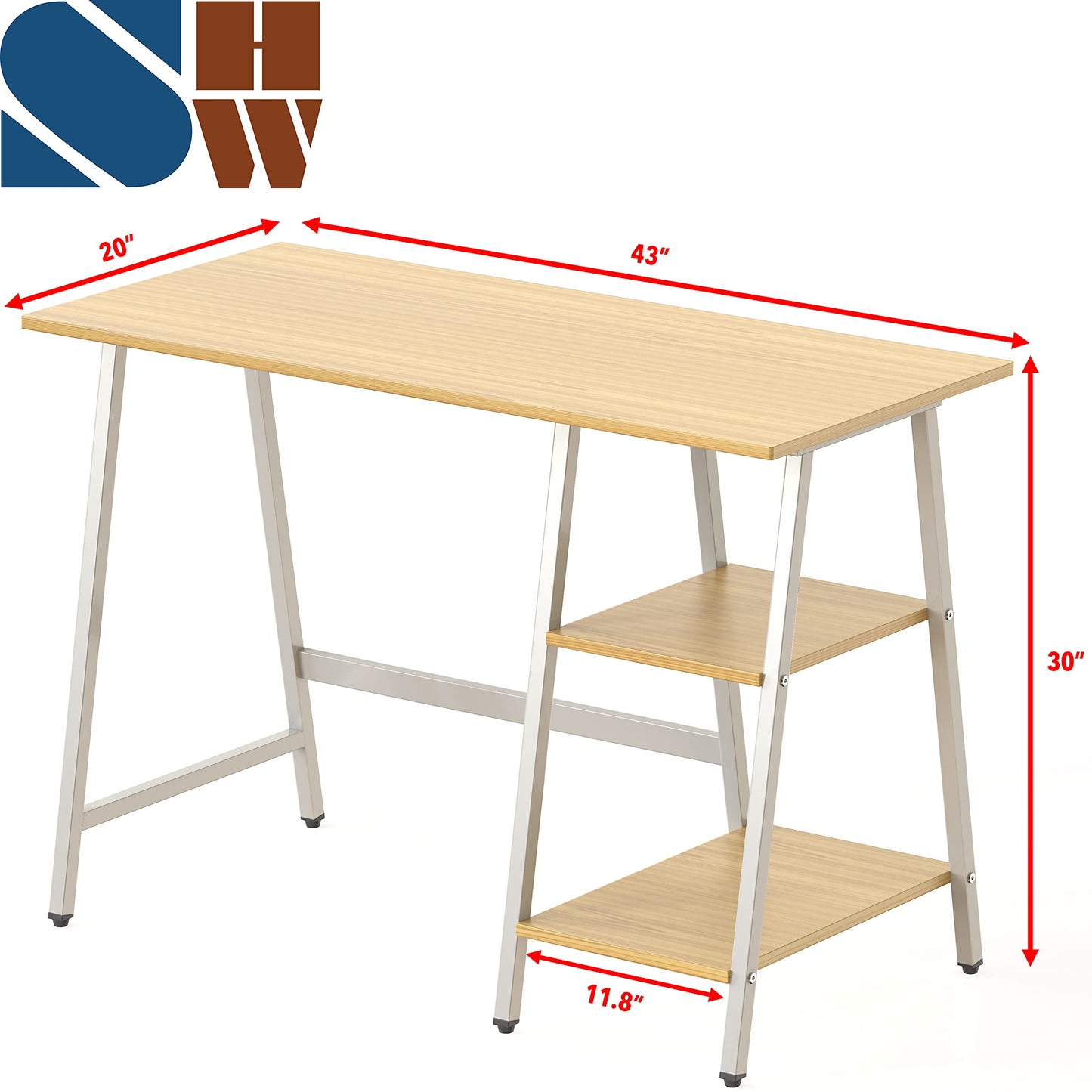 SHW 43-Inch Home Office Trestle Computer Desk with Open Storage Shelves, Oak