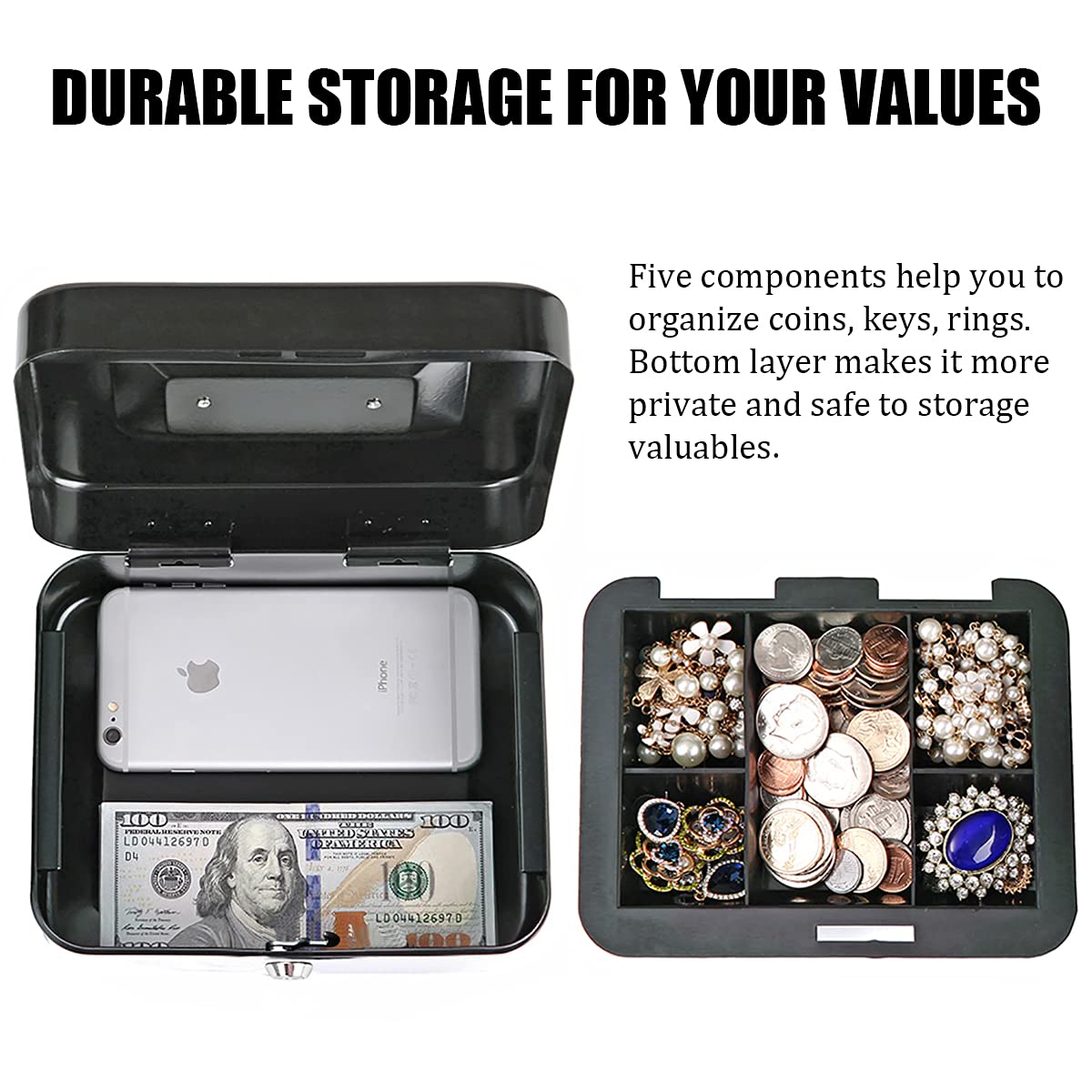 Medium Metal Cash Box with Key Lock Safe and Money Tray for Security,Money Saving Organizer, Parrency Large Money Box with Key Lock，7 4/5" x 6 4/5" x 3 3/5"，Black