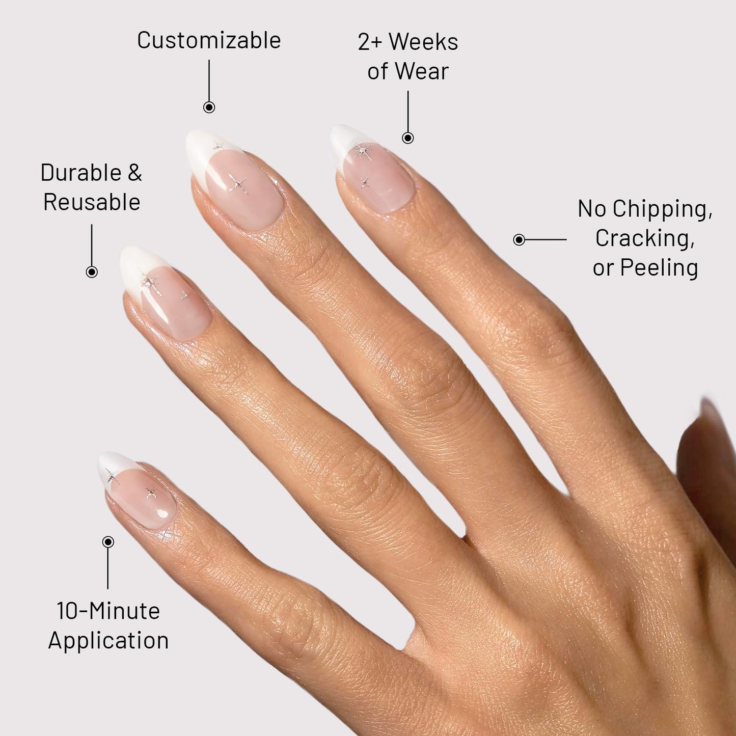 Lilac St - Press On Nails, Seeing Stars (30 Nails, 15 Sizes) - Medium, Almond, Glossy, Opaque - Brush-On Nail Glue, Nail File, Cuticle Stick, Prep Pad - Reusable - Cruelty Free, Vegan, Women Founded