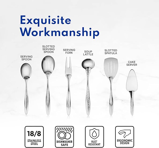 New Star Foodservice Mars Collection, Stainless Steel, 18/8 Hammered Hollow Handle Serving Fork, 13.5-Inch