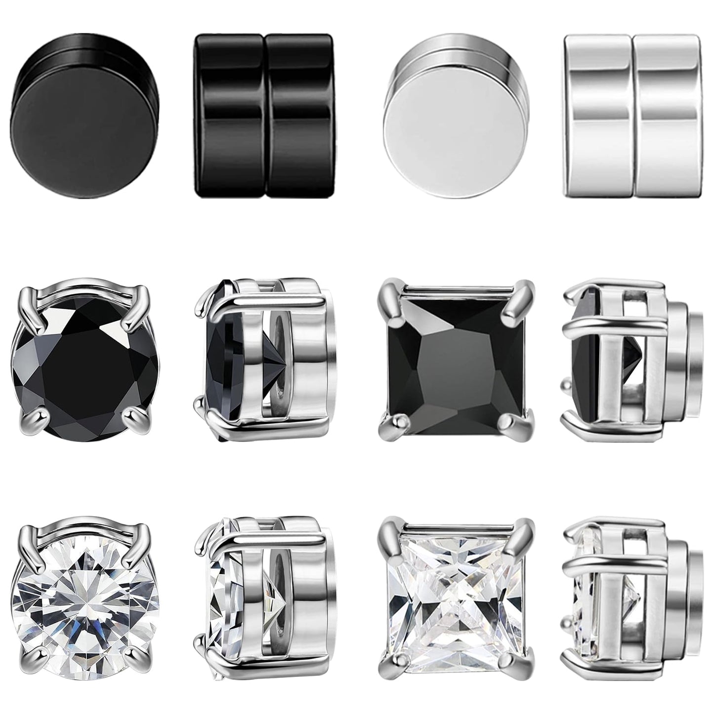 NEWITIN 6 Pairs Stainless Steel Magnetic Stud Earrings for Men Clip on Earring Magnetic Earring Unisex Non Piercing CZ Magnet Studs Diamond Earrings for Women Men