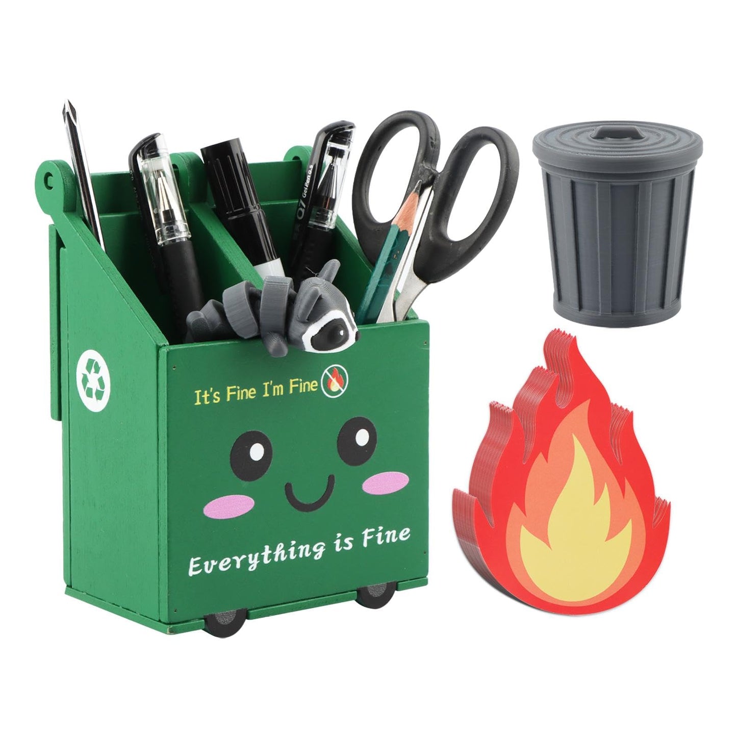 Trivolein Dumpster Fire Pencil Holder with 50 Pcs Flame Note Cards, Funny Dumpster Fire Desk Organizer, Cute Desk Organizer for Office, White Elephant Gag Gift for Coworkers, Men, Women