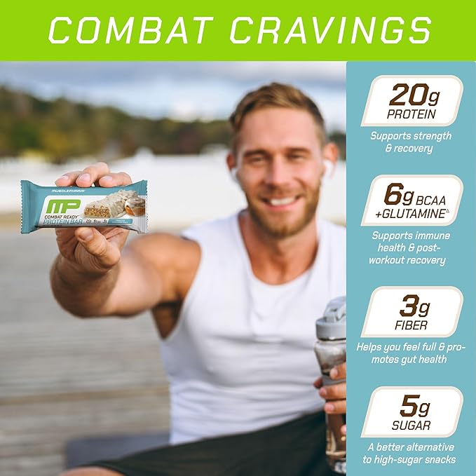 MusclePharm Combat Ready Protein Bar, Cinnamon Roll High Protein Bars, Combat Cravings, Fuel Performance & Meet Energy Demands, 20g Protein from Whey Protein, 3g Fiber, Gluten Free, 12 Bars