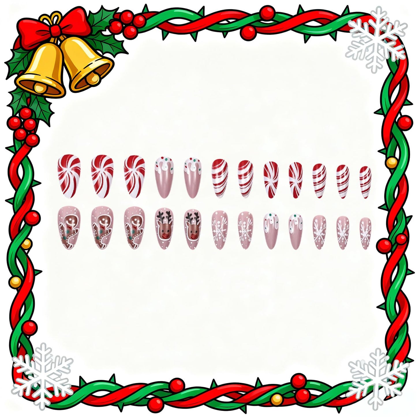 CJDLTS Snowflake Press on Nails Medium Artificial Almond Acrylic False Nails Cute Elk Gingerbread Man Design Stick on Nail Christmas Fake Nail Full Cover Winter Artificial Fingernails for Women 24Pcs