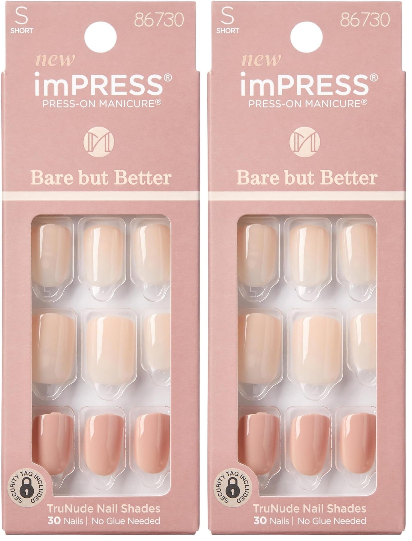 KISS imPRESS No Glue Mani Press On Nails, Bare But Better, Simple Pleasure', Nude, Short Size, Squoval Shape, Includes 30 Nails, Prep Pad, Instructions Sheet, 1 Manicure Stick, 1 Mini File (Pack of 2)