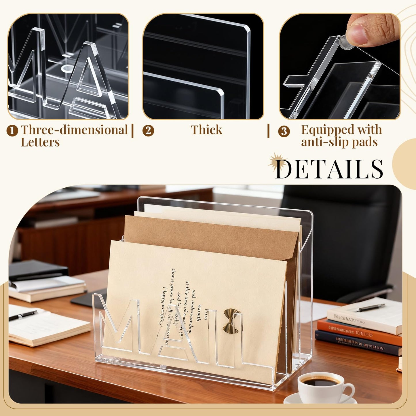 Vercraft Acrylic Mail Holder Countertop, 3-Slot Clear Mail Organizer with Cutout Lettering Design, Desktop Letter Sorter for Office Home Desk, Envelope File Document Storage