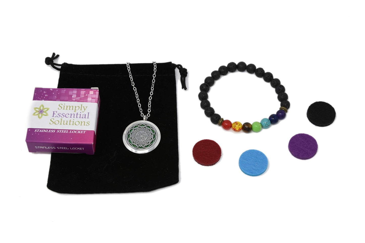 Aromatherapy Essential Oil Diffuser Stainless Steel 30 MM Silver Magnetic Locket Pendant 2 Sizes Chain Necklace, Refill Pads & Diffuser Bracelet in a Velvet Bag (flower3)