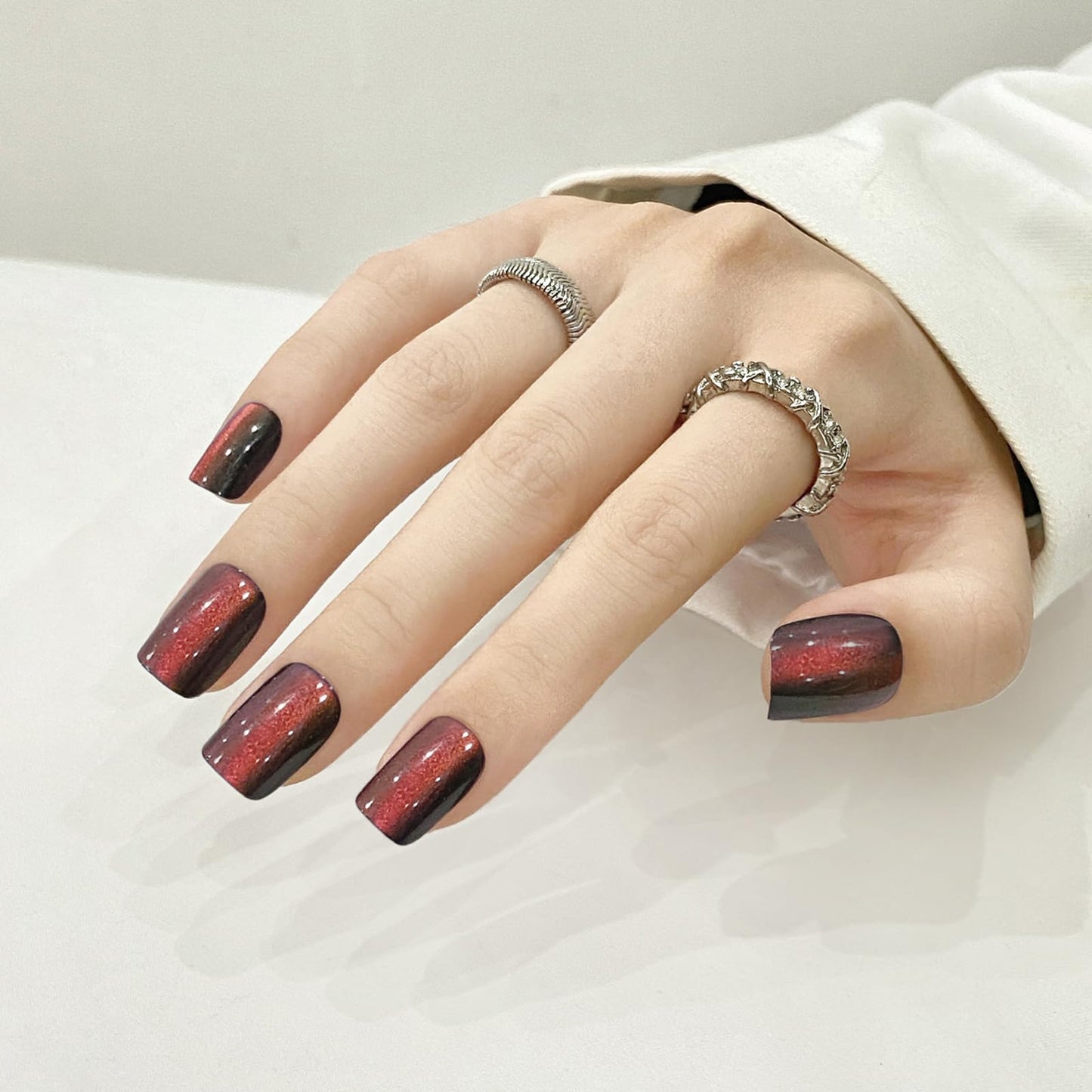 Brown Red Cat Eyes Press On Nails,12 Sizes-24 Pcs Soft Gel Brown Red Medium Square Fake Nails Kit with Nail Glue, Natural Reusable Stick On False Nails for Women and Girls (Skycloud Nails) SK0927