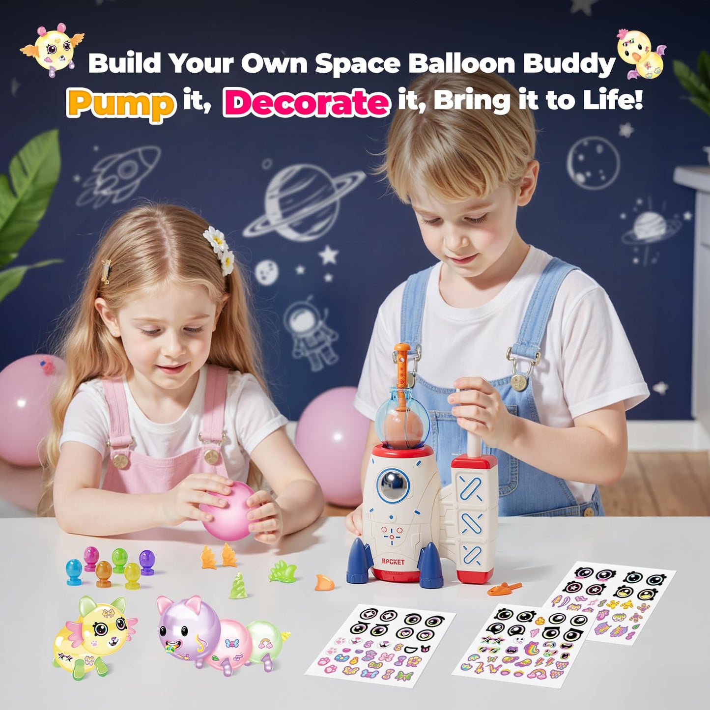 PINSHILE DIY Space Magic Balloon Craft Kit, Sticker Decorated Balloons Toy for Kids, Rocket Air Pump Fun with Balloon Monster Pals, DIY Creative Activity, Birthday Gifts for Girls Boys Ages 3+