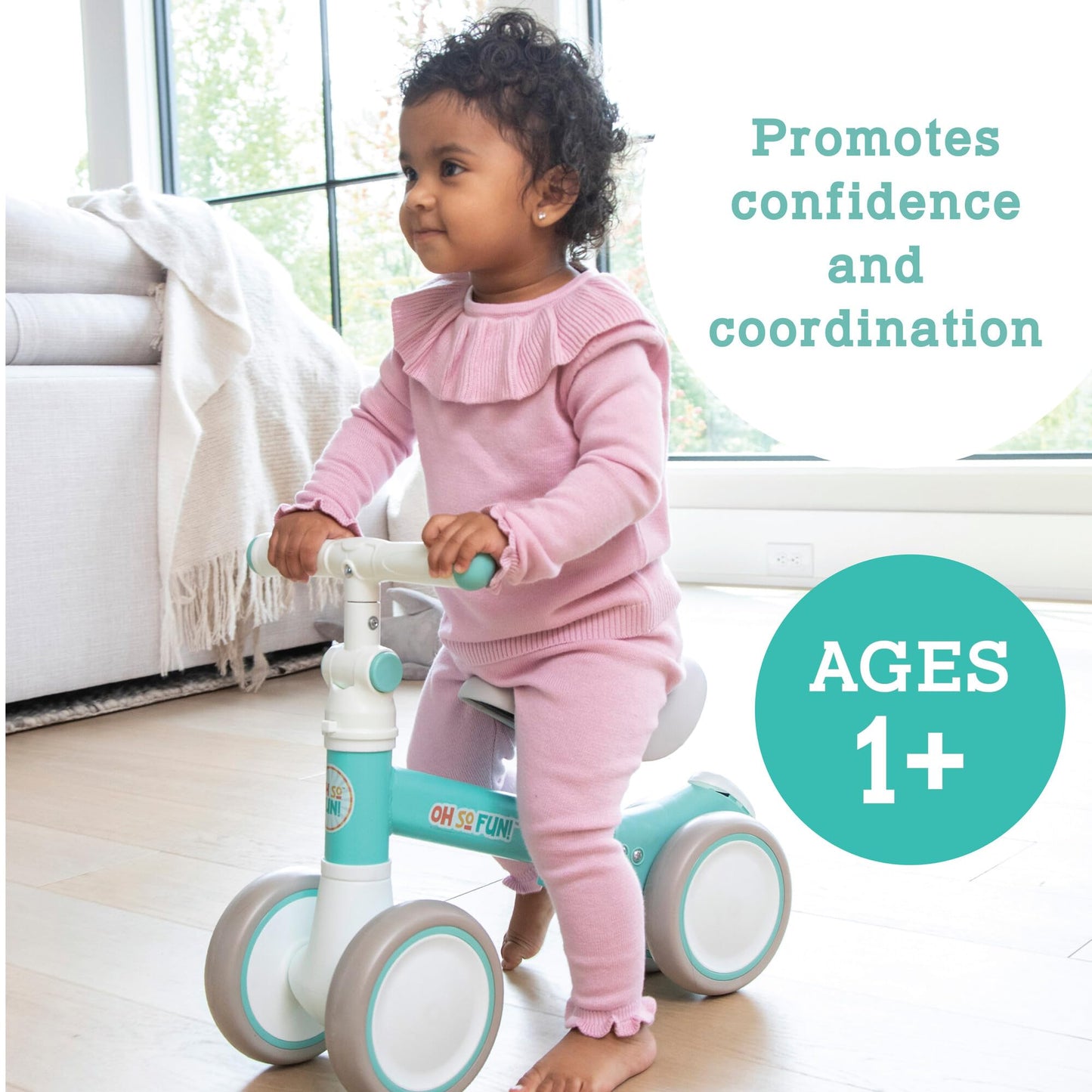 MindWare Balance Bike 1+ Year Old Baby First Bicycle for Toddlers 1-2 First Birthday Gift Ideas Interactive Montessori Ride On Toy - Oh So Fun Teal