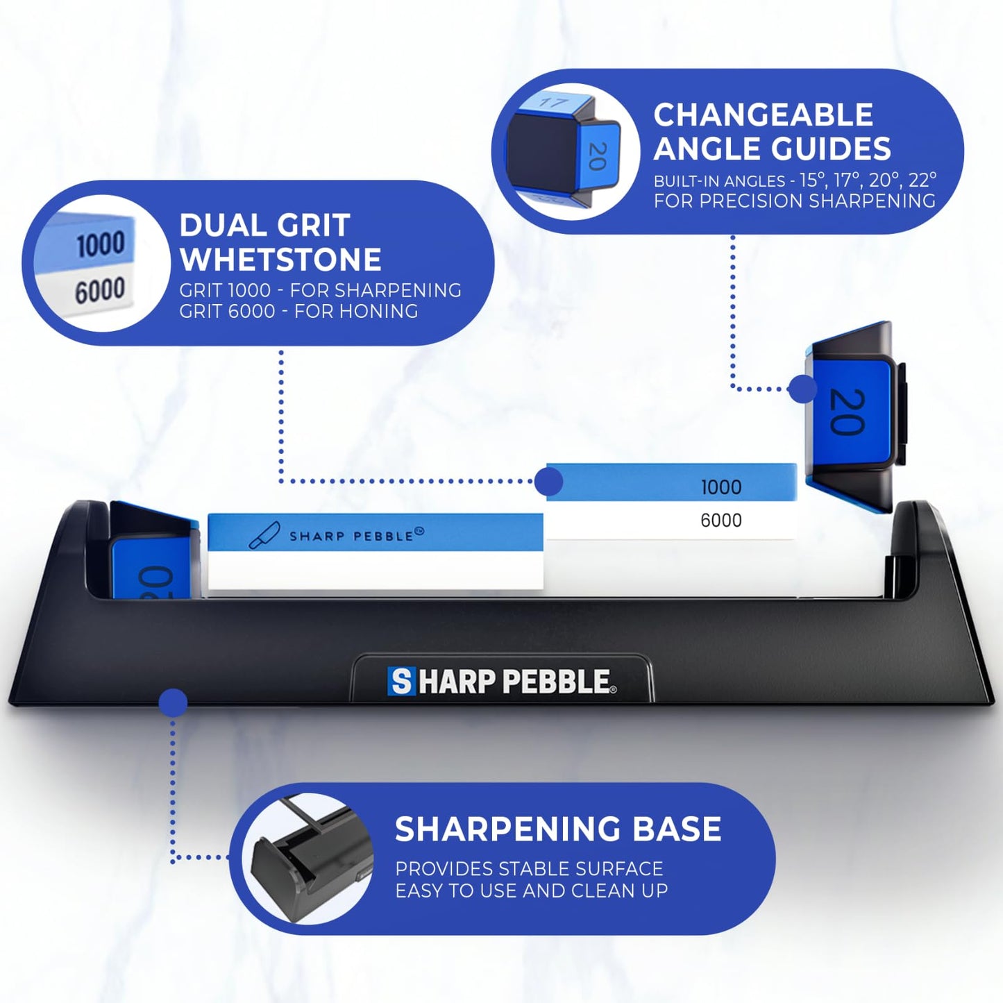 Sharp Pebble Complete Whetstone Knife Sharpening System – 1000/6000 Grit Wet Stone Sharpener Kit with Built-In Angle Guides (15°/17°/20°/22°) – Beginner-Friendly