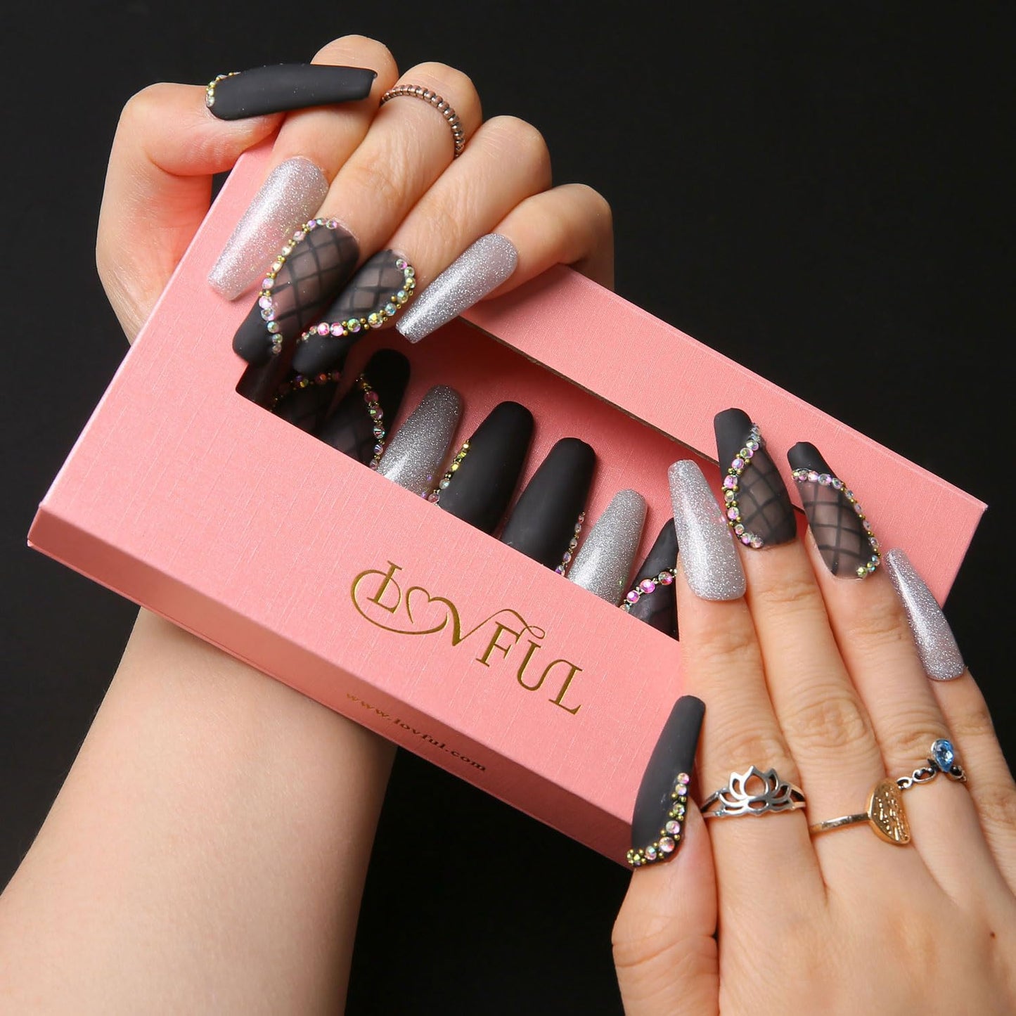 LOVFUL Press on Nails Black Lace | Handmade with Full Covered Crystals | Reusable Full Cover Nails | Coffin Classic Regular 1.3 in | H114-L