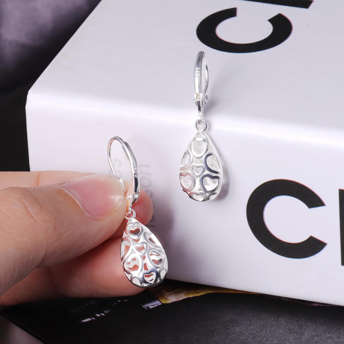 Sterling Silver Teardrop Earrings for Women Silver Dangle Leverback Earrings Hypoallergenic Filigree Tear Drop