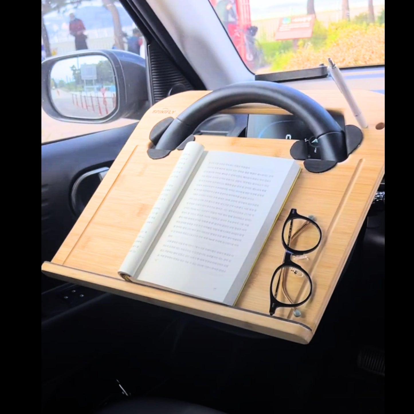 SPINIFLY 2 in 1 Steering Wheel Tray – Car Tray & Food Table – Car Essentials Double Sided Bamboo Car Desk for Laptop, Eating & Reading – Fits up to 17" Laptop