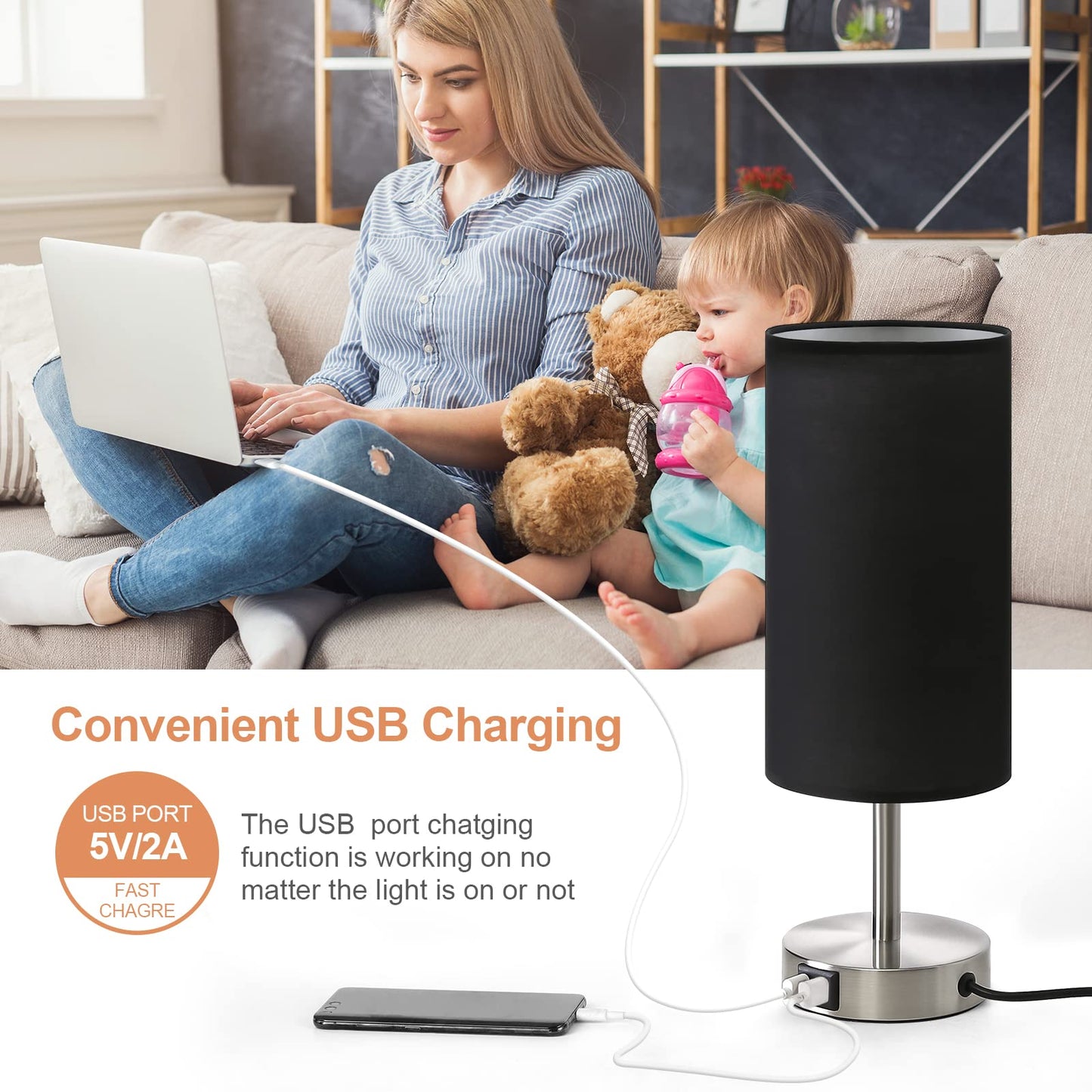 Bedside Lamp with USB Port - Touch Control Table Lamp for Bedroom Wood 3 Way Dimmable Nightstand Lamp with Round Black Shade for Living Room, Dorm, Home Office (LED Bulb Included) (Blacl2)
