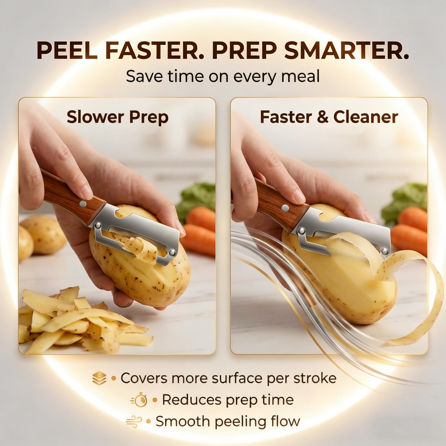 Vegetable Peeler, Multifunctional Stainless Steel Potato & Fruit Peeler with Bottle Opener, Wooden Handle Kitchen Tool, Zero Snag Design