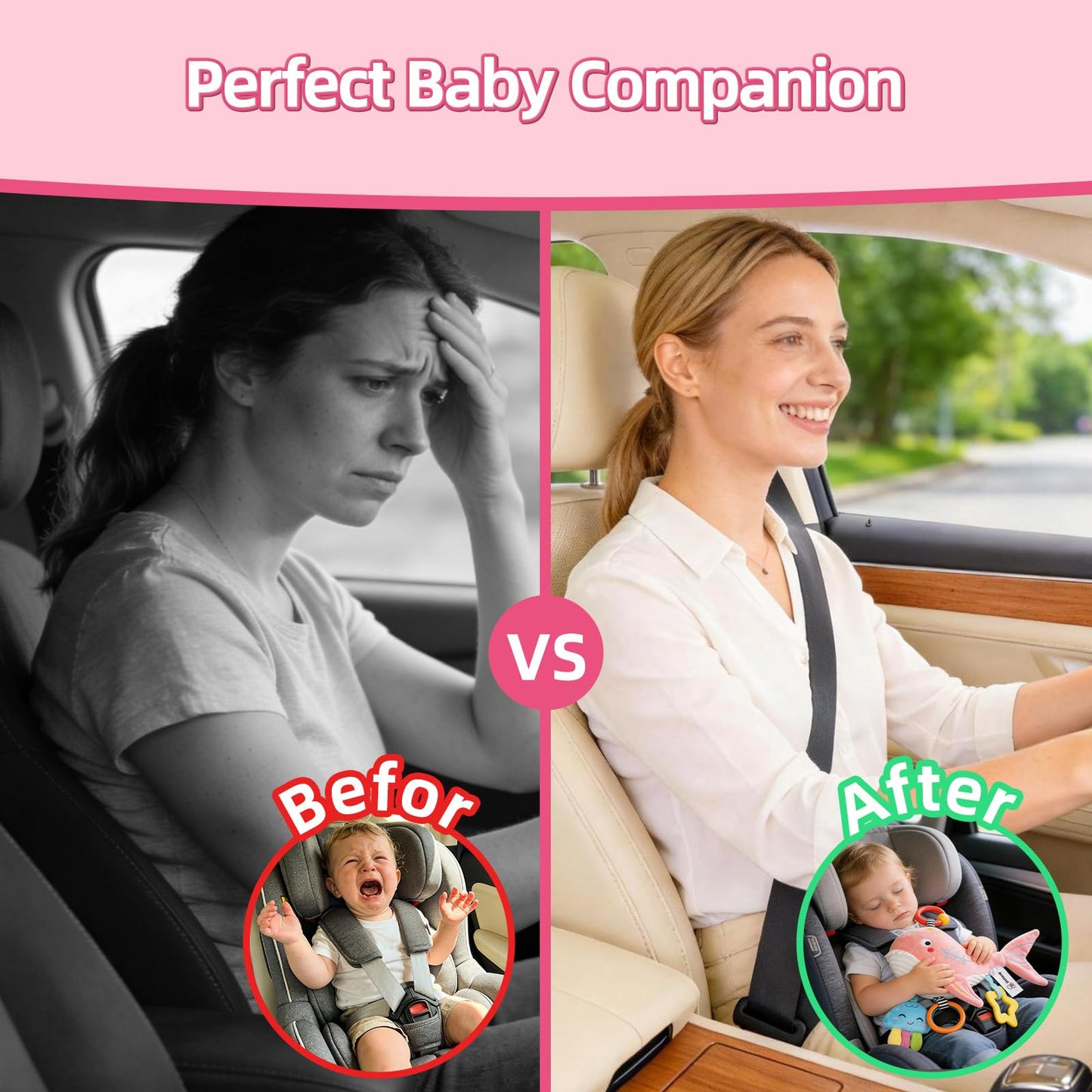 Pull Musical Toys for Car Seat 6-12 Months, Travel Sensory Toy 3-6 Months, Montessori Plush Toys for Roadtrip with Teether Crinkle Textures Clackers Squeaky Pulling Cords Newborn Infant Valentine Gift