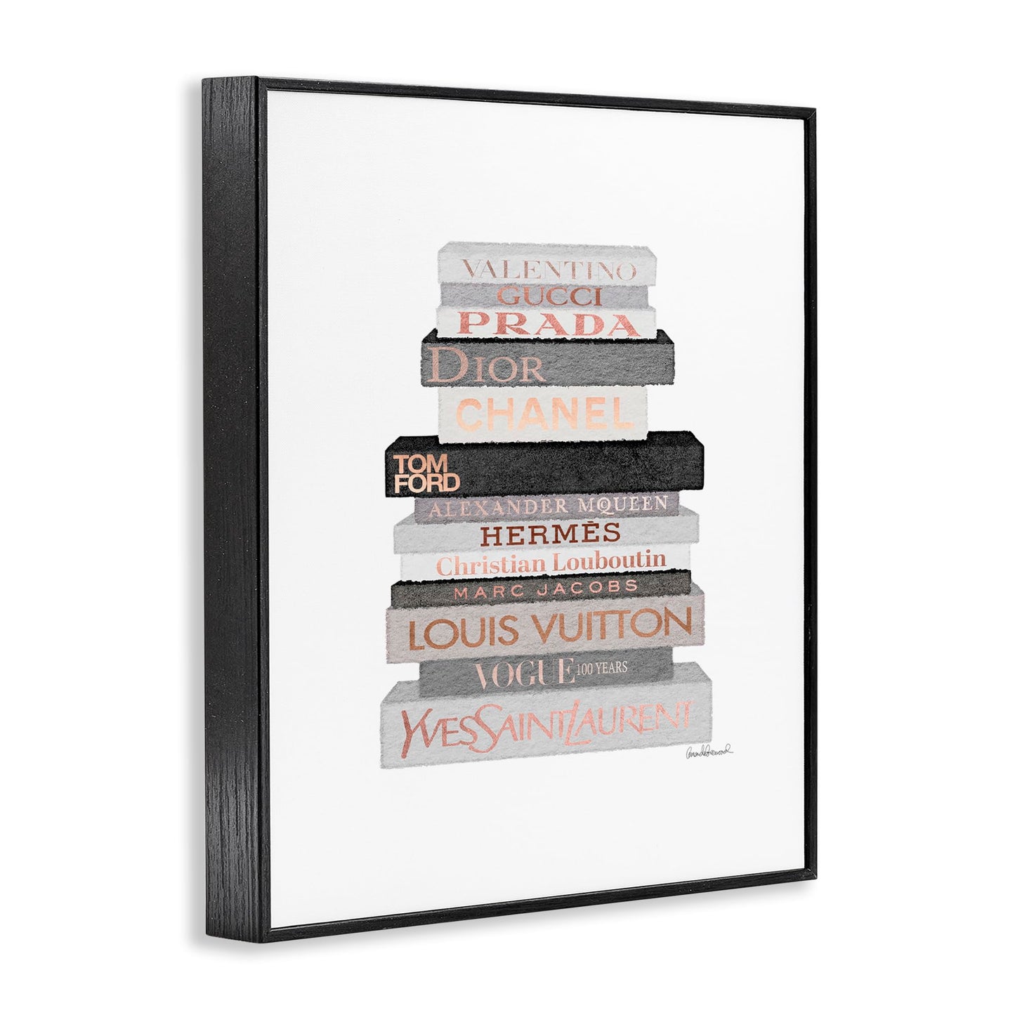 Stupell Industries USA Artist Amanda Greenwood - 'Grey & Peach Bookstack', Framed Giclee Art, Black, 16 x 20inches - Hanging Wall Décor (1.5in Depth) - Made in Rhode Island