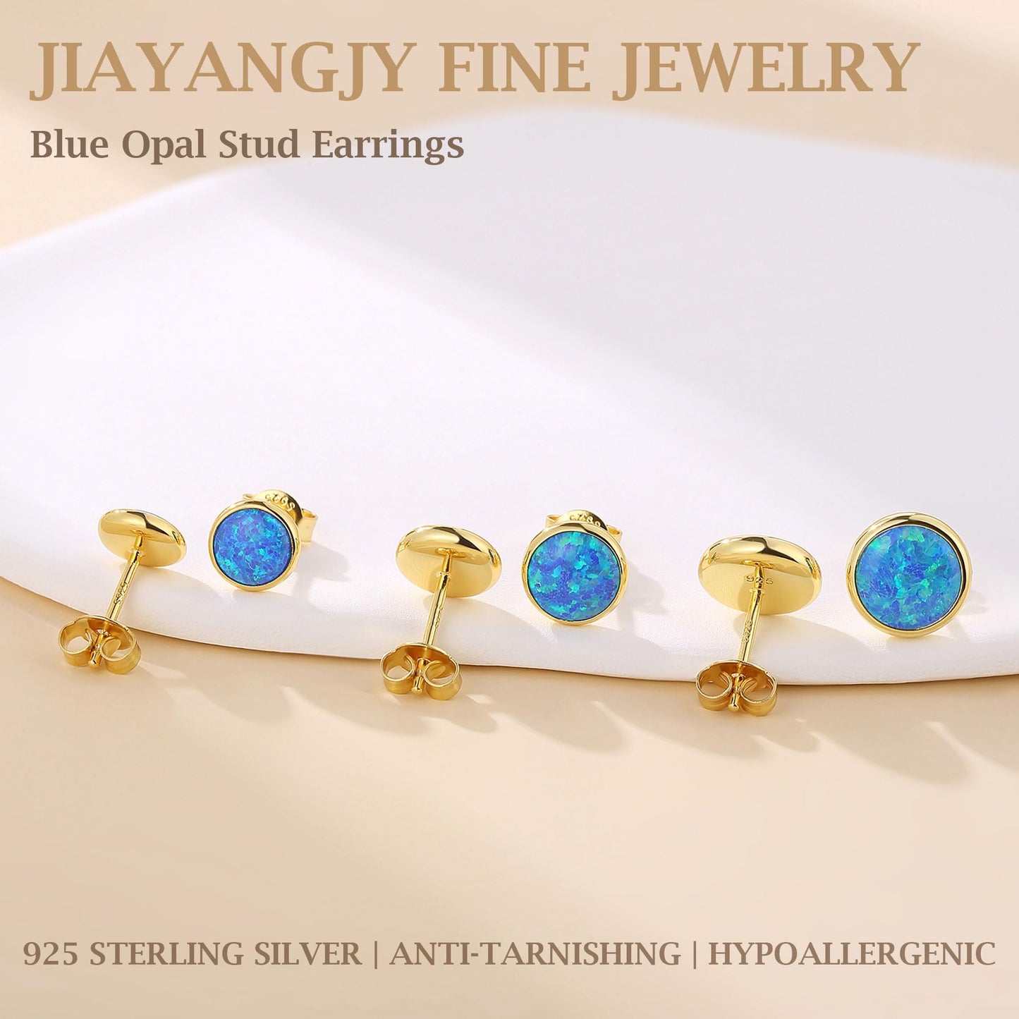 JiayangJY Silver Blue Fire Opal Stud Earrings for Women 18K Yellow Gold Plated Sterling Silver Round Shape 8mm Opal Earrings with Push Back