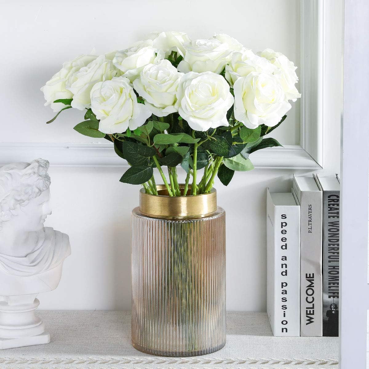 FLORRALIA White Fake Roses Artificial Flowers - 16 Pcs Fake Artificial Roses Silk Flowers with Stems for Home Wedding Hotel Office Centerpiece Decor