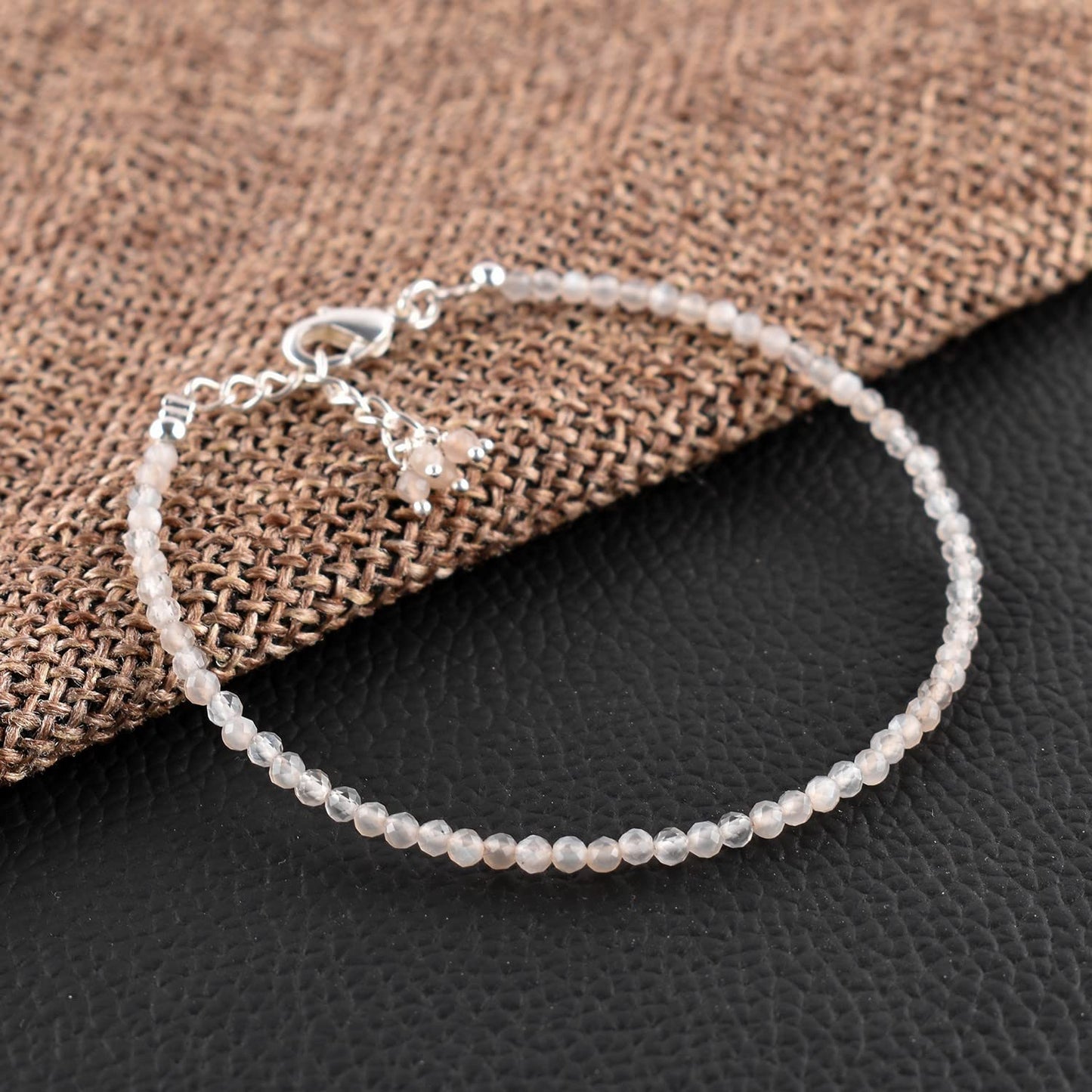 QNAVIC Grey Moonstone Micro Beads Dainty Bracelet for Women, Natural Gemstone Jewelry, Healing Chakra Crystals June Birthstone Gift for Her, Silver Plated Chain 8 inch