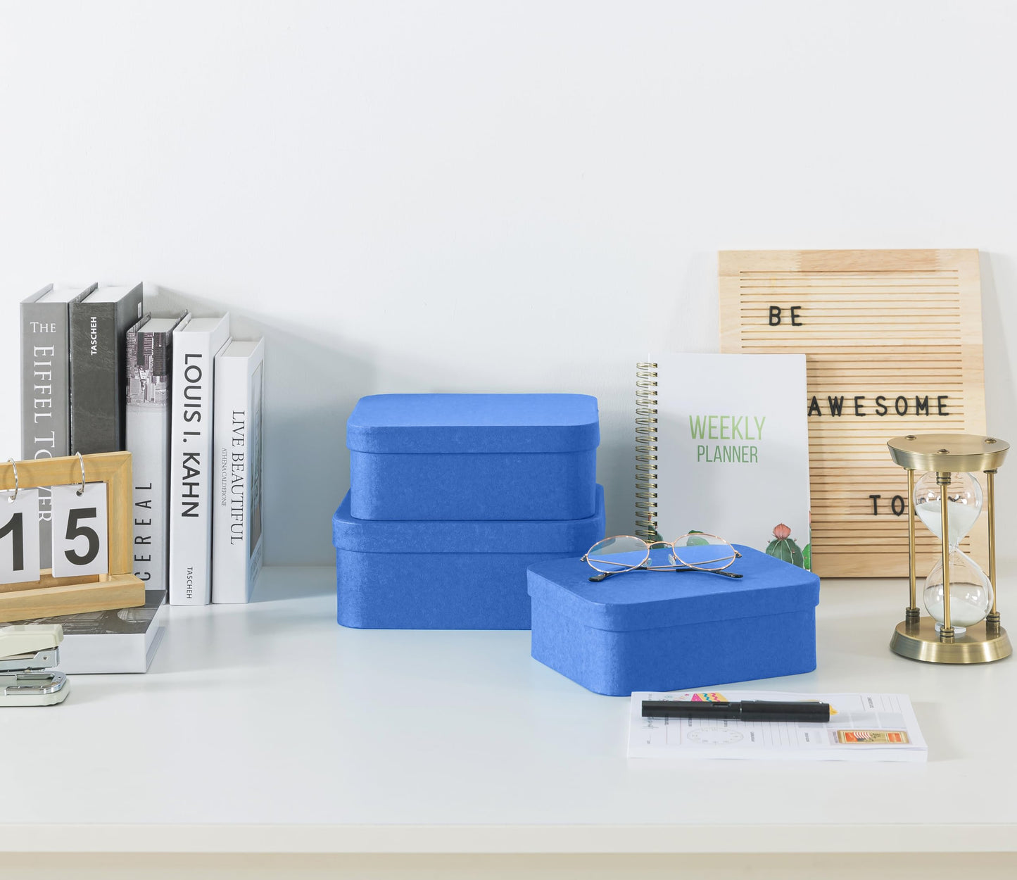 Soul & Lane Set of 3 Textured Royal Blue Boxes with Rounded Edges, Nesting Decorative Cardboard Boxes with Lids, Large Paperboard Storage for Organizing, Keepsakes, Gifts