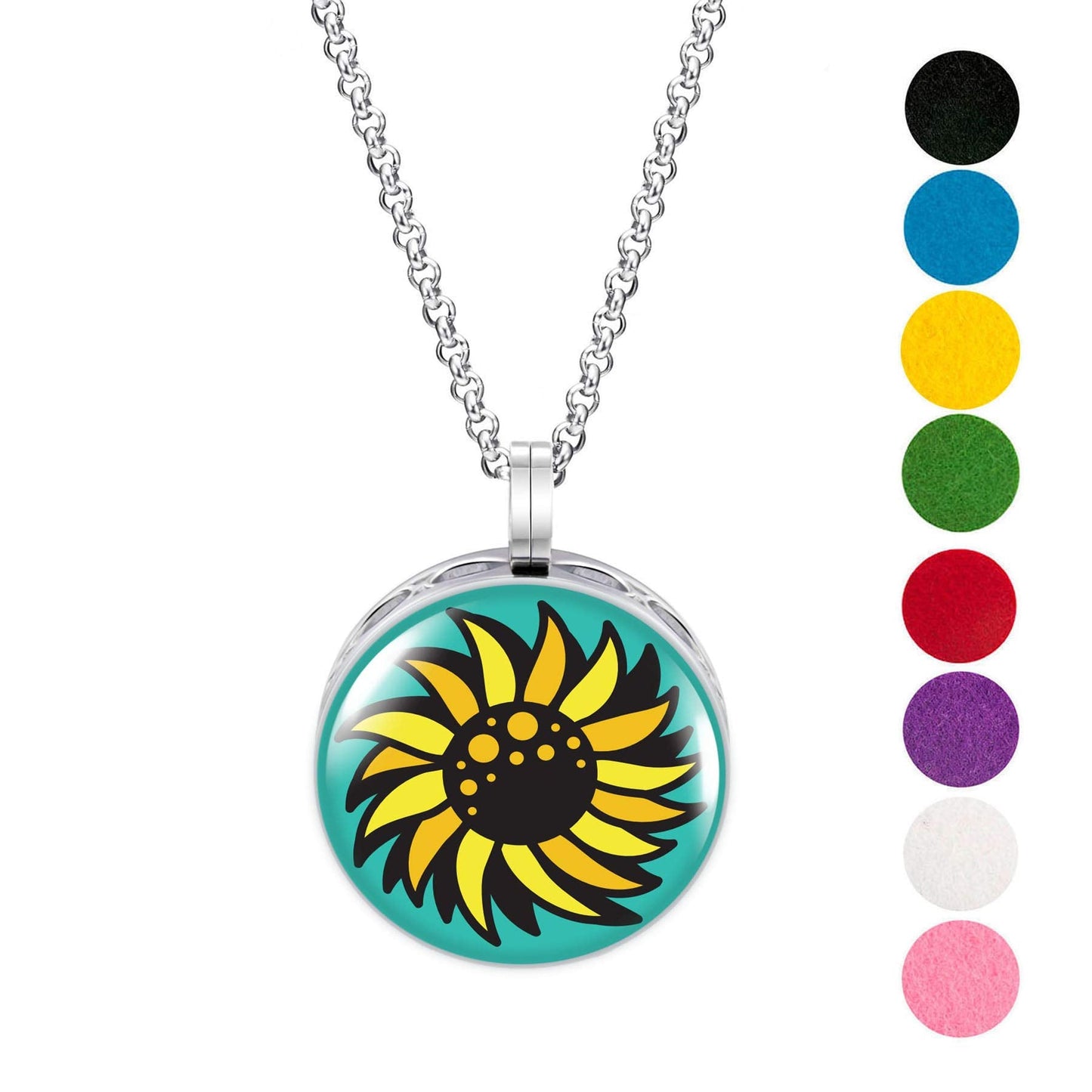 Wild Essentials Sunflower Enamel Finish Essential Oil Diffuser Necklace Gift Set - Includes Aromatherapy Pendant, 24" Stainless Steel Chain, 8 Color Refill Pads