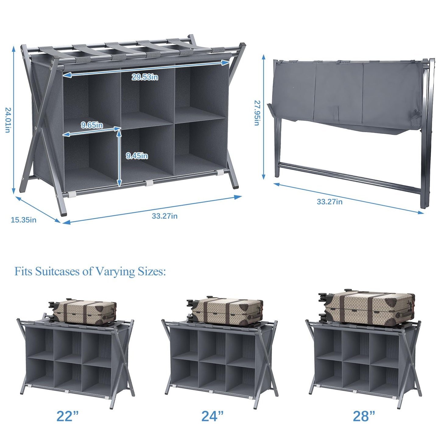 Huhote Luggage Rack for Guest Room, Folding Suitcase Stand with 6-Cube Fabric Storage Shelf, Luggage Holder, Steel Foldable Luggage Stand for Guest Room, Bedroom, Hotel, Grey