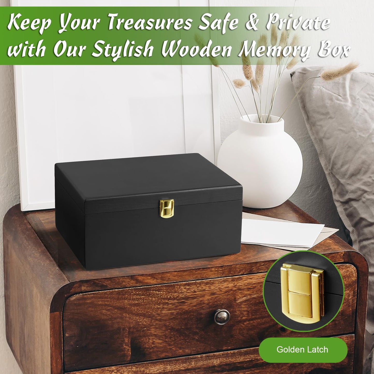 DRASTAR Large Wooden Keepsake Box, Black Memory Box, Decorative Storage Box with Hinged Lid, Large Card Box