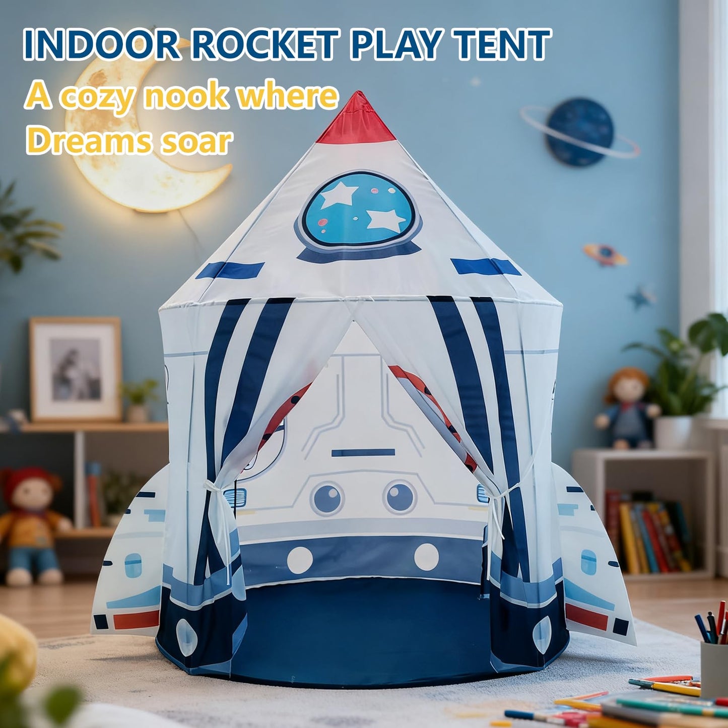 Rocket Ship Astronaut Playhouse, Kids Space Discovery Teepee with Windows, Foldable Indoor Outdoor Play Tent for Boys Girls, Toddler Adventure Room Decor